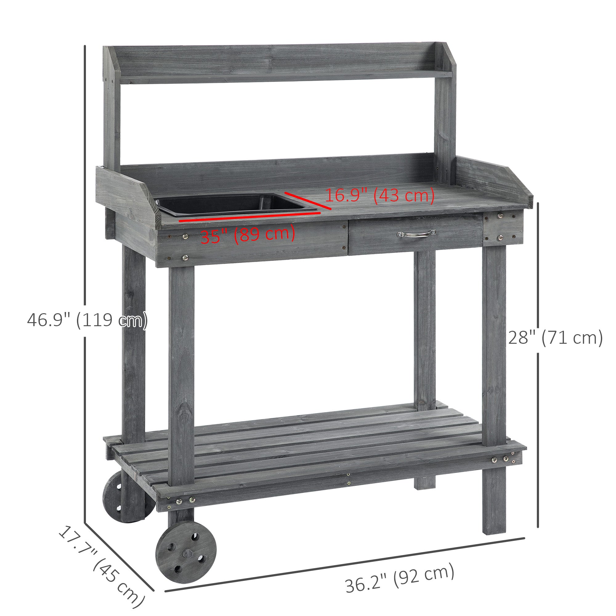 Aosom 36" Wooden Potting Bench with Wheels, Sink & Drawer - Gray-Patio & Garden > Lawn & Garden > Garden Accessories > Potting Benches & Tables-DECOROLALA