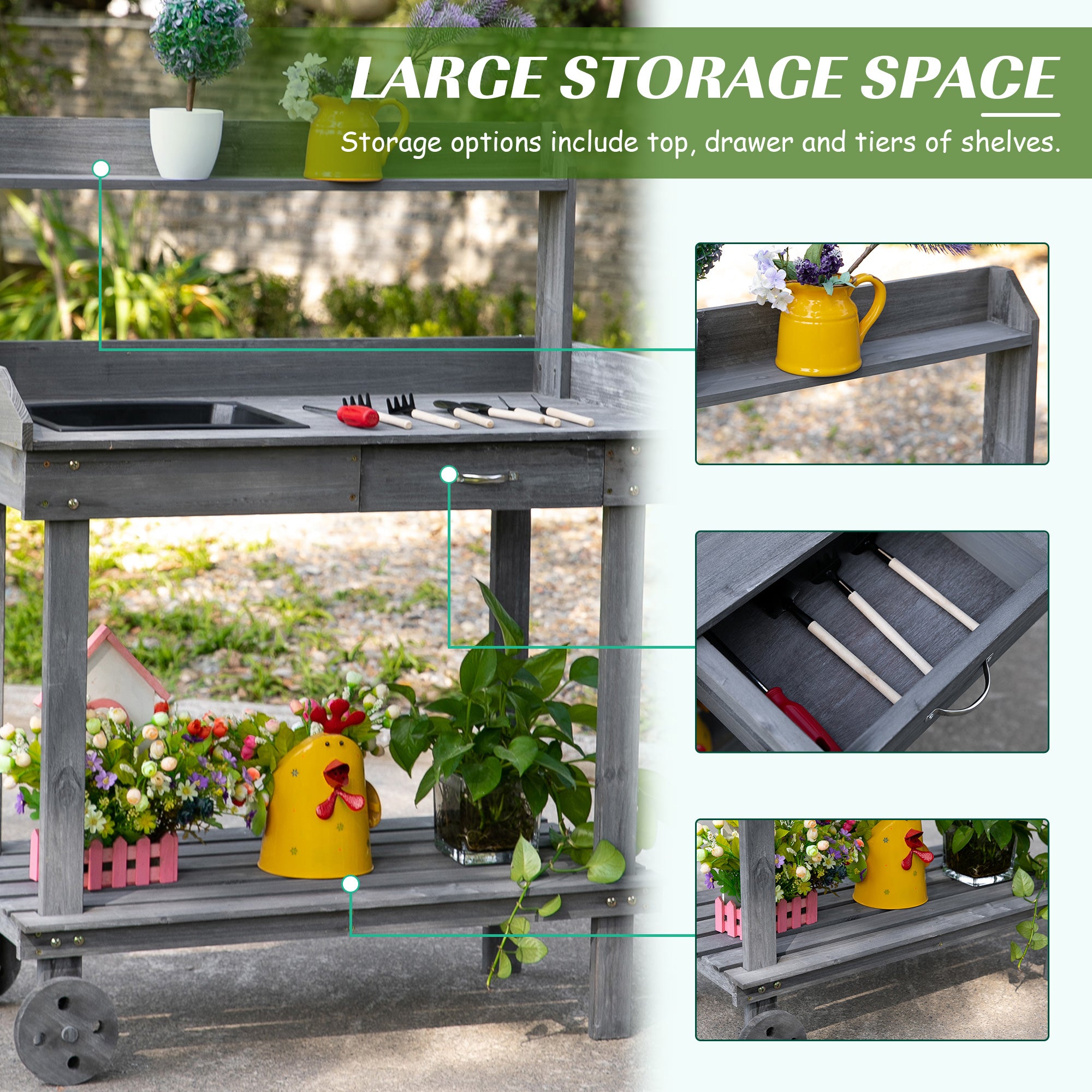 Aosom 36" Wooden Potting Bench with Wheels, Sink & Drawer - Gray-Patio & Garden > Lawn & Garden > Garden Accessories > Potting Benches & Tables-DECOROLALA