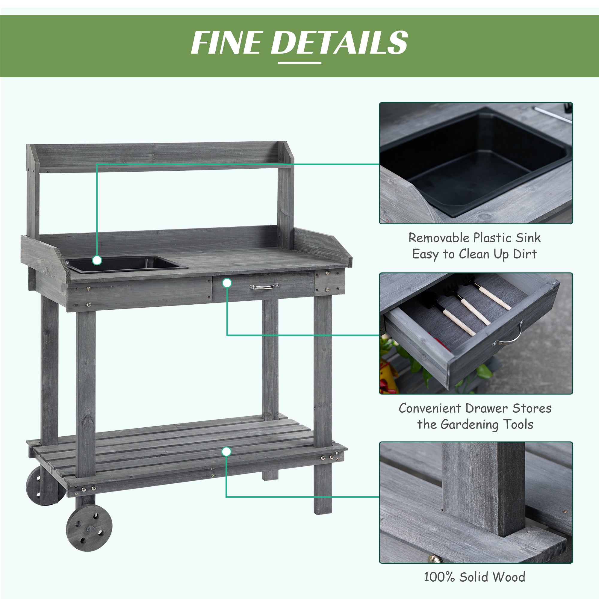 Aosom 36" Wooden Potting Bench with Wheels, Sink & Drawer - Gray-Patio & Garden > Lawn & Garden > Garden Accessories > Potting Benches & Tables-DECOROLALA