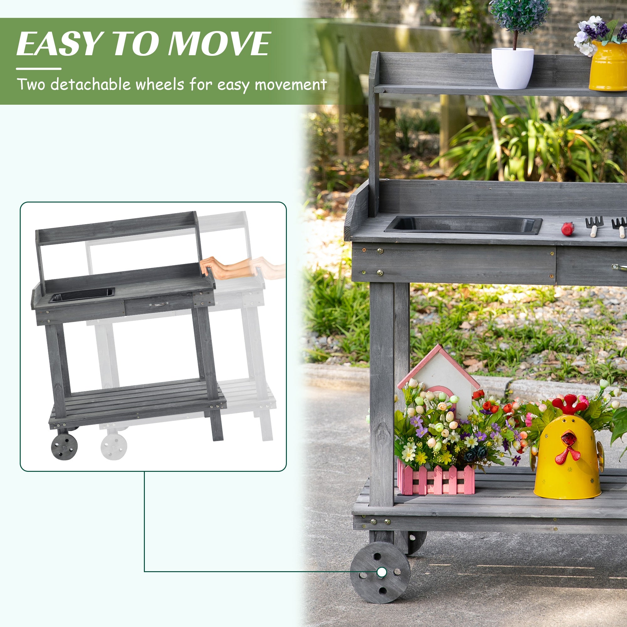 Aosom 36" Wooden Potting Bench with Wheels, Sink & Drawer - Gray-Patio & Garden > Lawn & Garden > Garden Accessories > Potting Benches & Tables-DECOROLALA