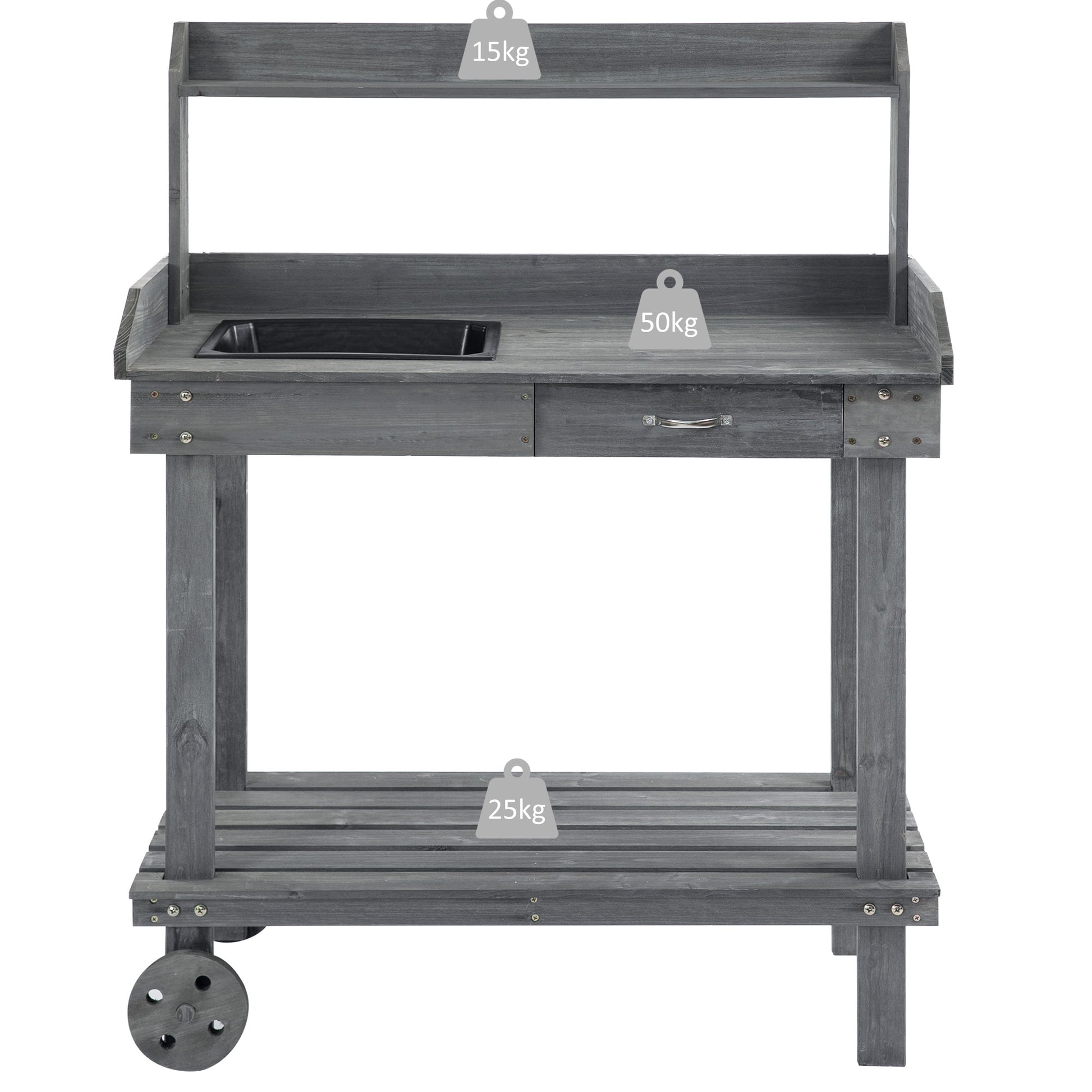 Aosom 36" Wooden Potting Bench with Wheels, Sink & Drawer - Gray-Patio & Garden > Lawn & Garden > Garden Accessories > Potting Benches & Tables-DECOROLALA