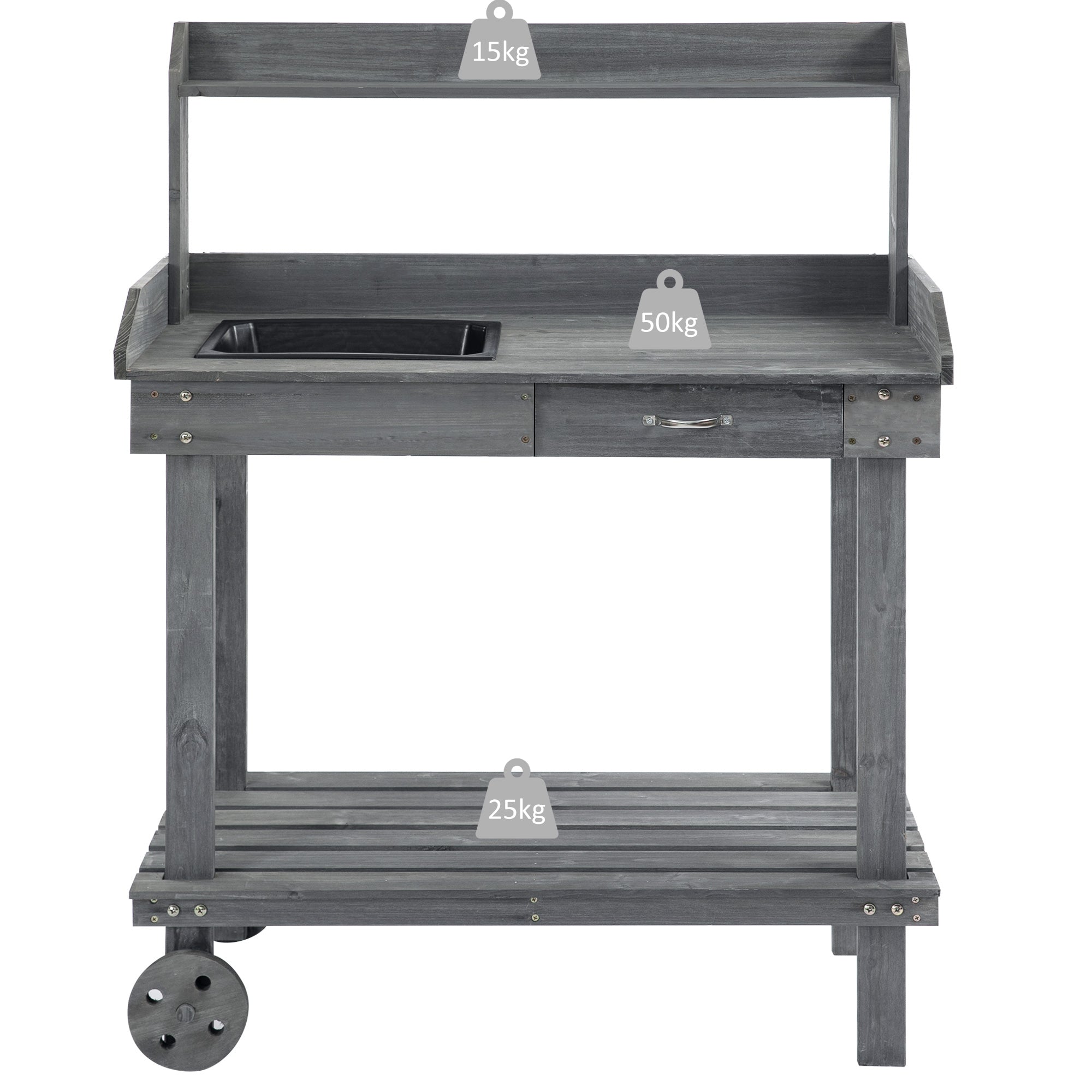 Aosom 36" Wooden Potting Bench with Wheels, Sink & Drawer - Gray-Patio & Garden > Lawn & Garden > Garden Accessories > Potting Benches & Tables-DECOROLALA