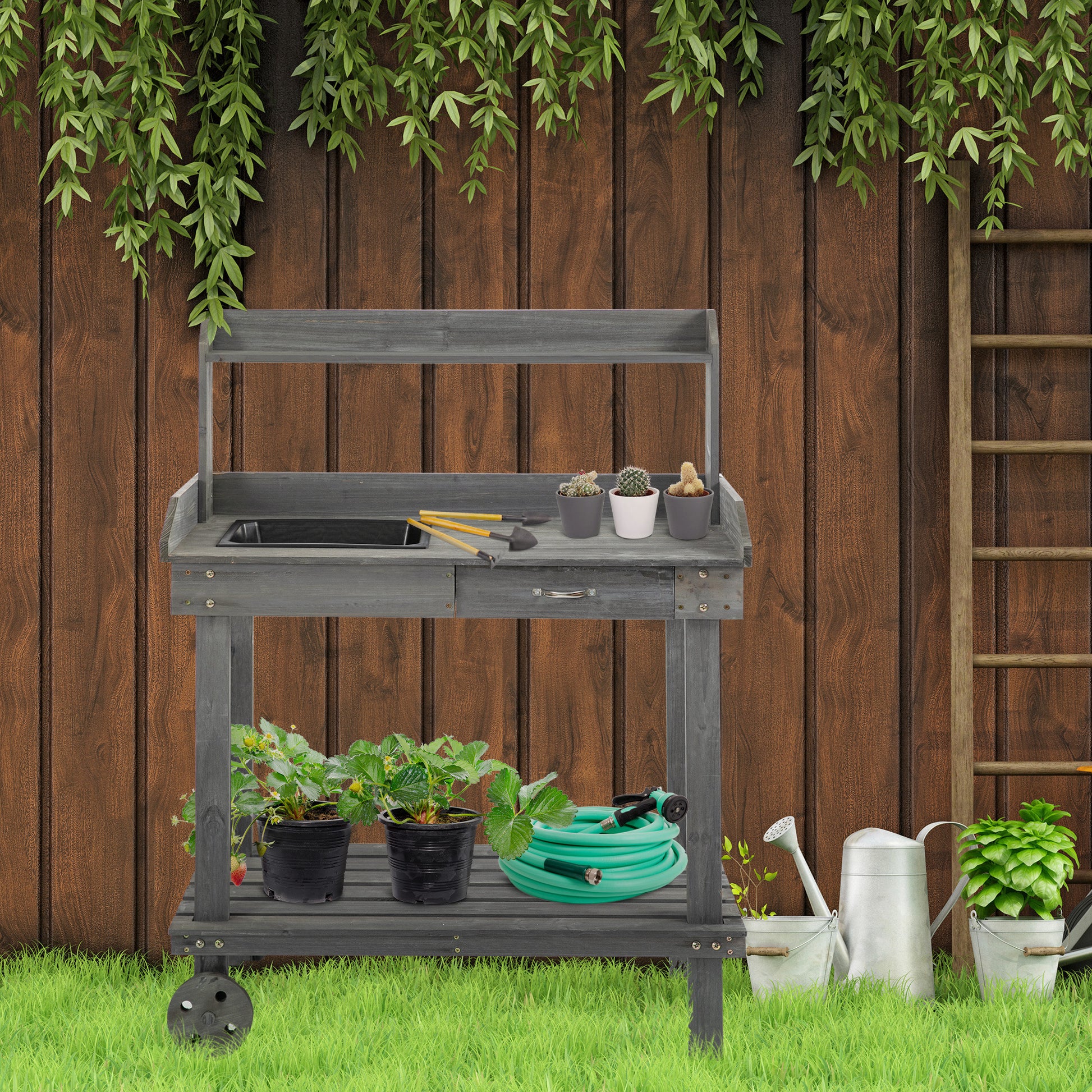 Aosom 36" Wooden Potting Bench with Wheels, Sink & Drawer - Gray-Patio & Garden > Lawn & Garden > Garden Accessories > Potting Benches & Tables-DECOROLALA