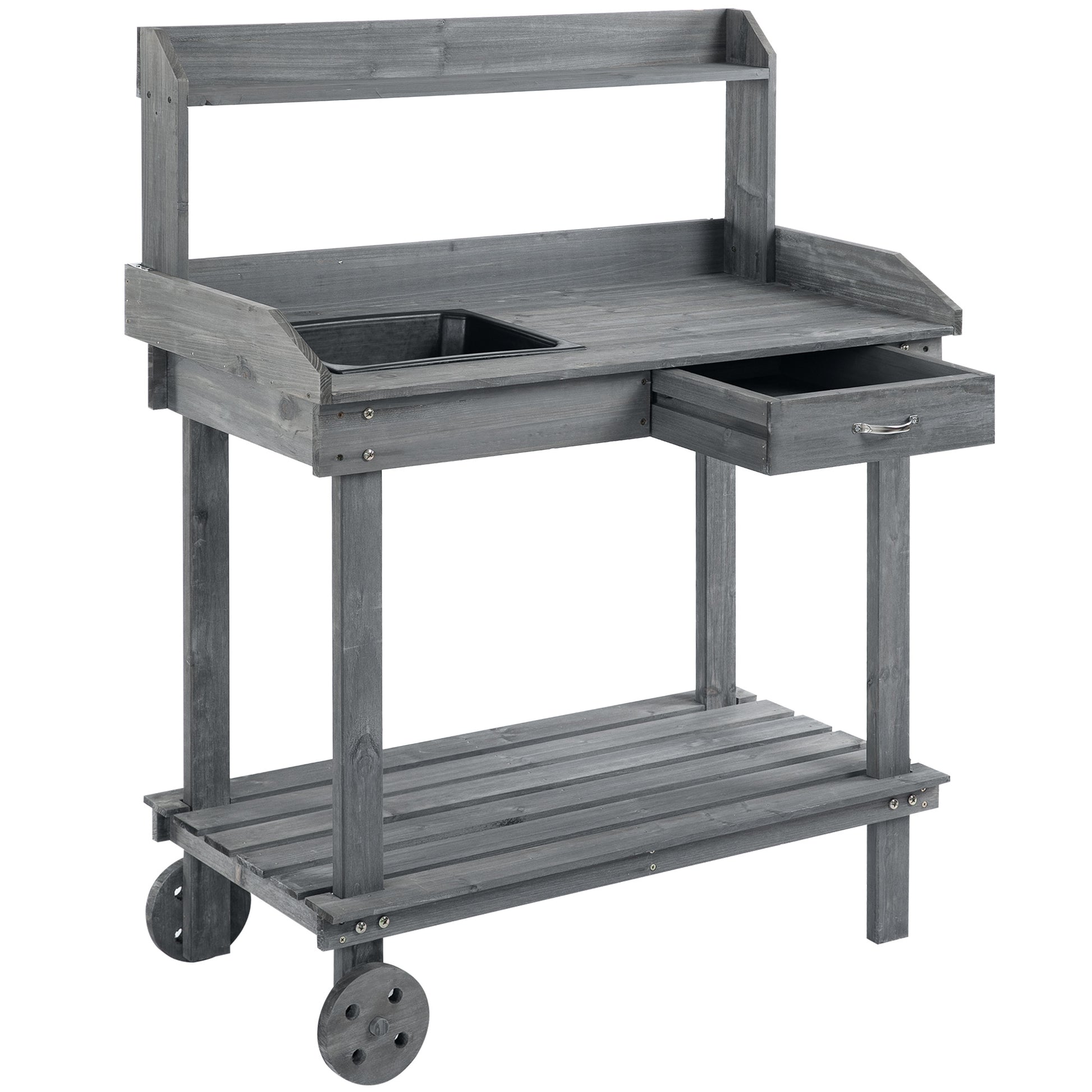 Aosom 36" Wooden Potting Bench with Wheels, Sink & Drawer - Gray-Patio & Garden > Lawn & Garden > Garden Accessories > Potting Benches & Tables-DECOROLALA