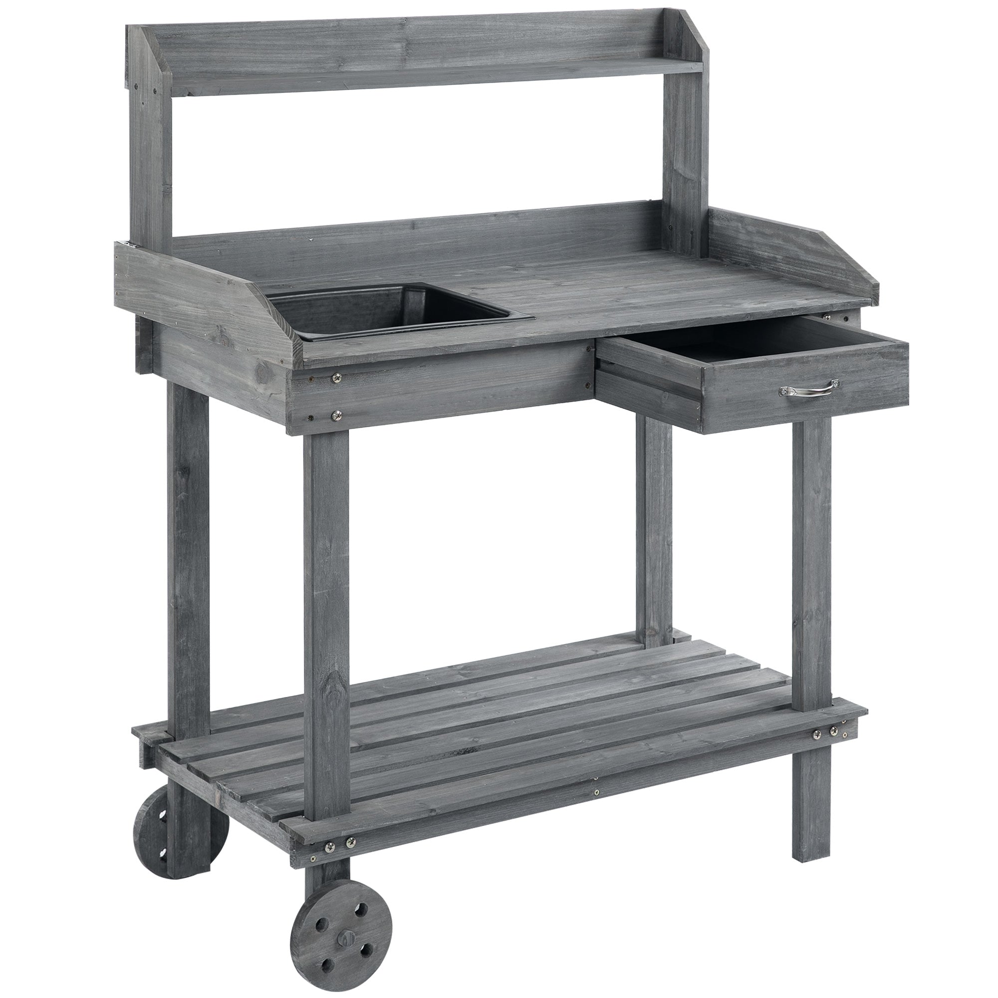 Aosom 36" Wooden Potting Bench with Wheels, Sink & Drawer - Gray-Patio & Garden > Lawn & Garden > Garden Accessories > Potting Benches & Tables-DECOROLALA