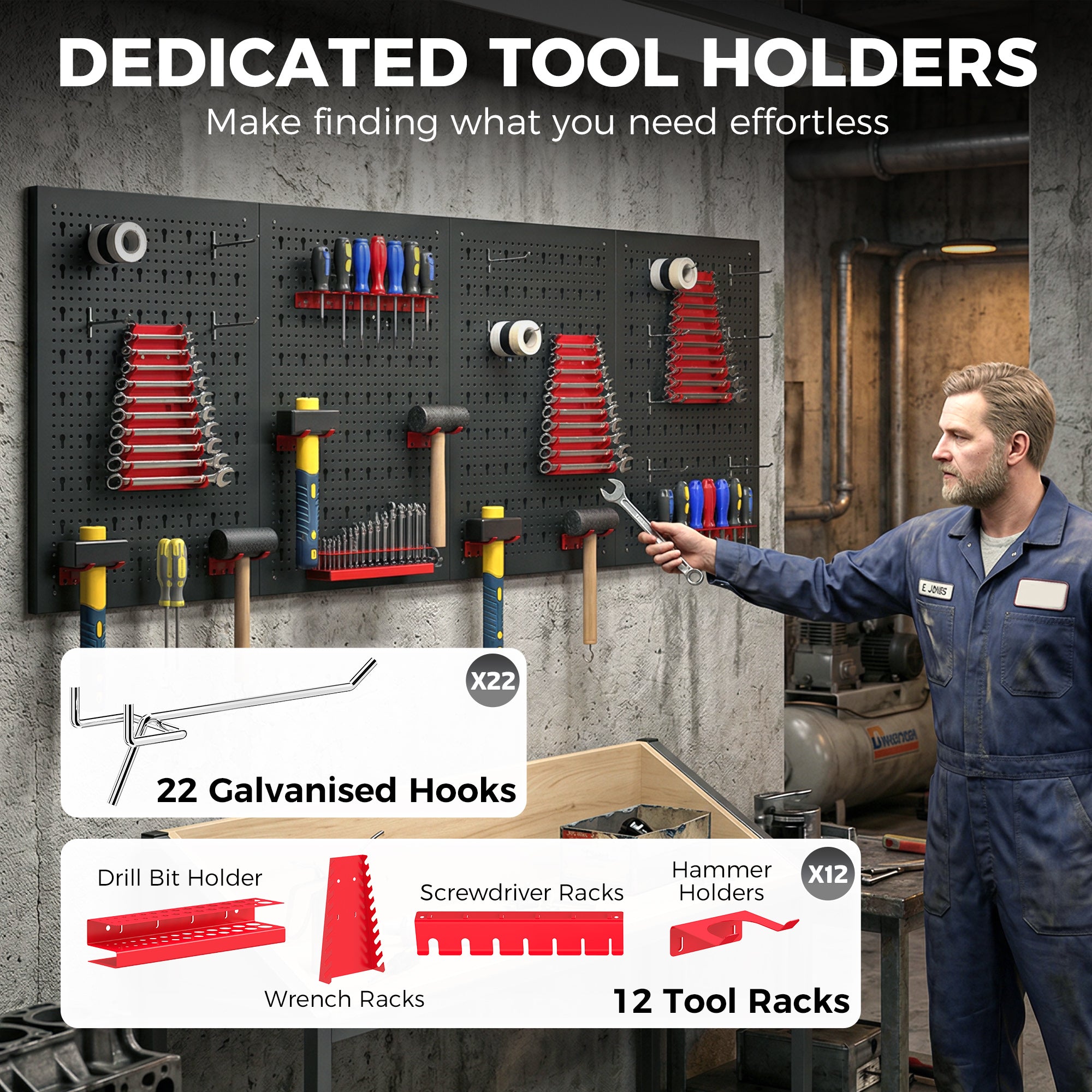 Aosom 38-Piece Steel Pegboard Tool Organizer - Black and Red-Home Improvement > Tools > Tool Organizers-DECOROLALA
