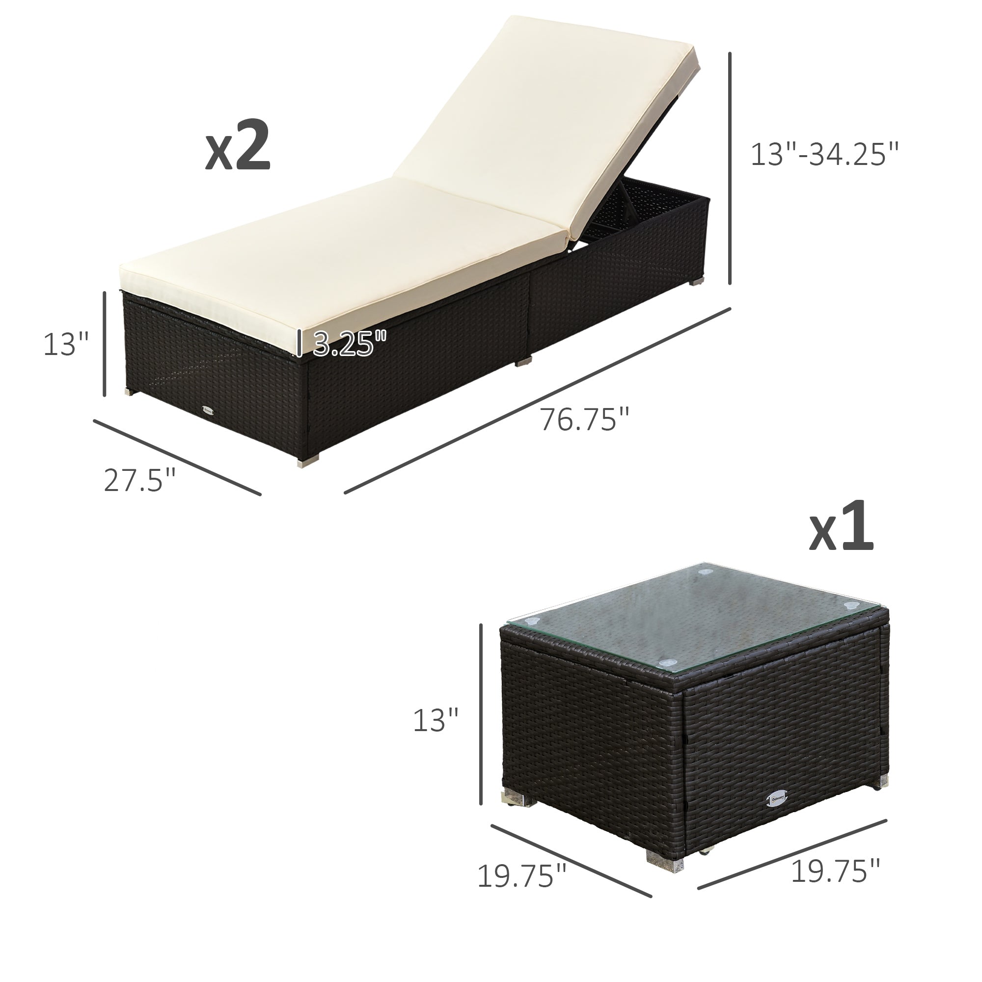Aosom 3pc Lounge Set with Adjustable Table - Outdoor Patio Rattan-DECOROLALA