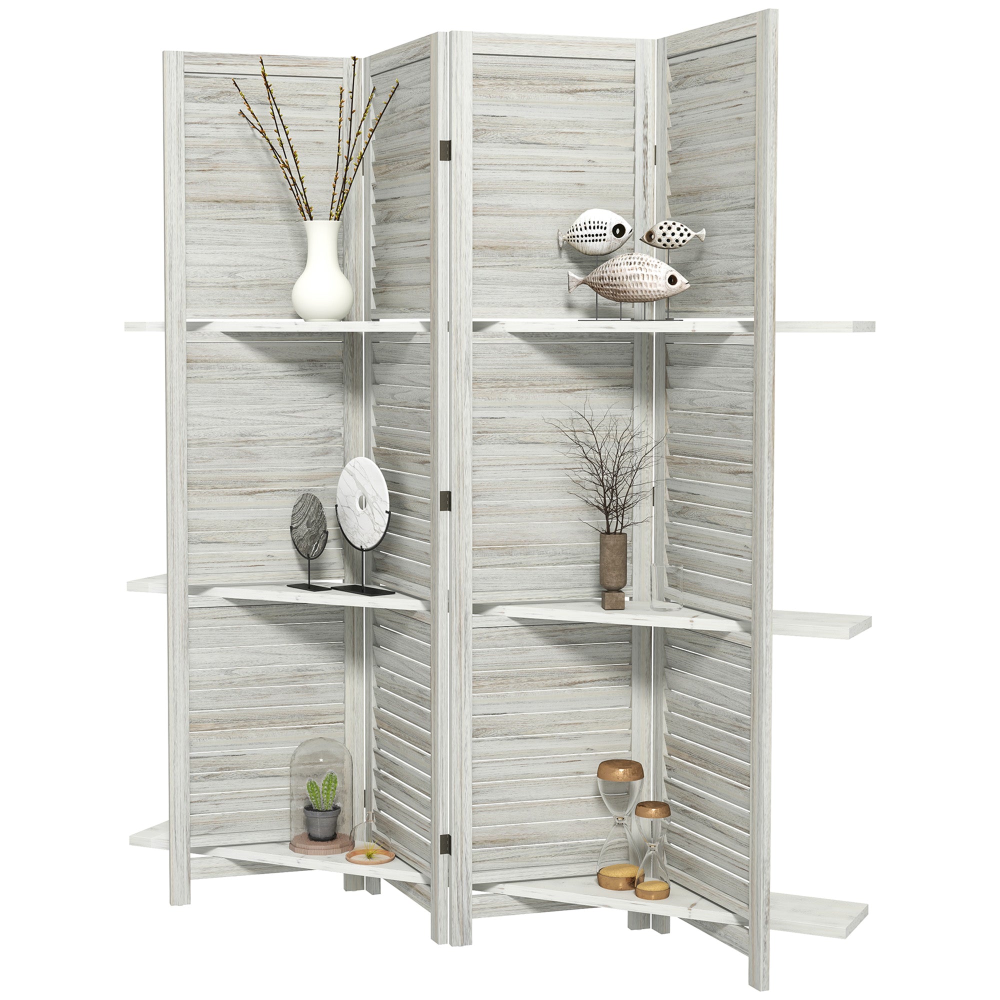 Aosom 4-Panel Room Divider with 3 Shelves - Distressed White 5.6FT-Home Furnishings > Living Room Furniture > Room Dividers-DECOROLALA