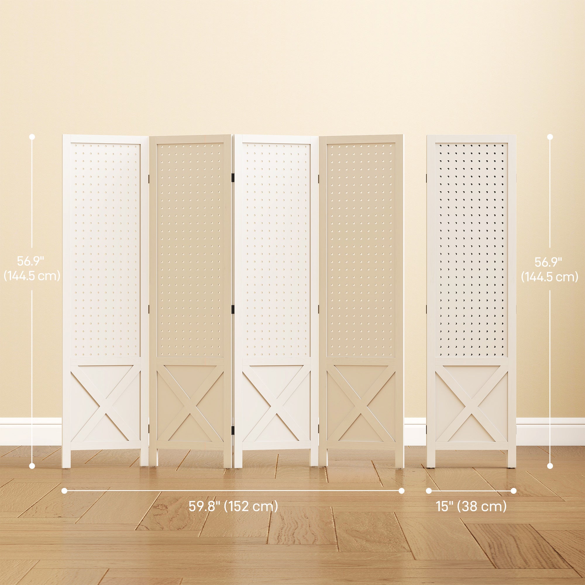 Aosom 4 Panel Wooden Room Divider with Pegboard - White 57" H-Home Furnishings > Living Room Furniture > Room Dividers-DECOROLALA