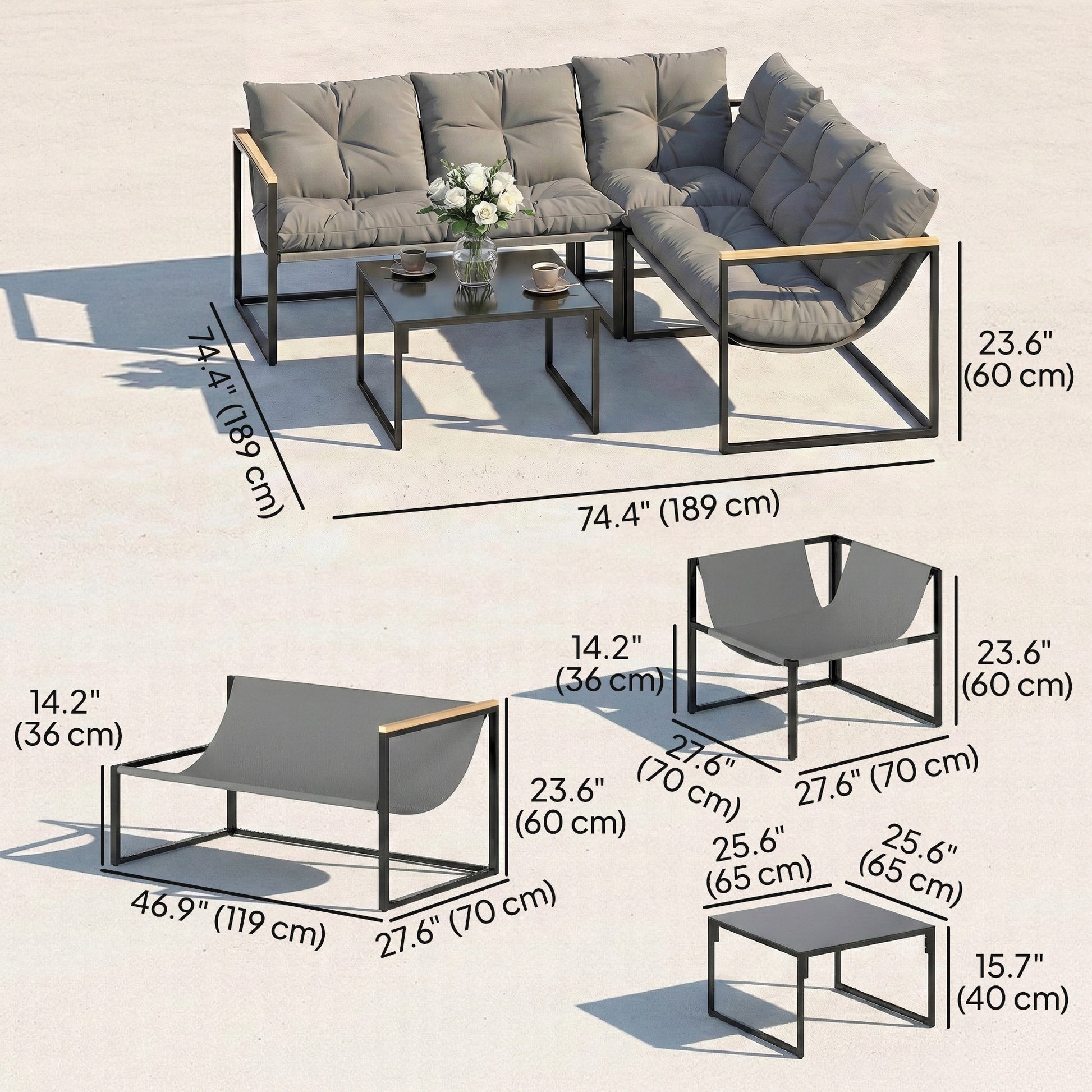 Aosom 4-Piece L-Shaped Patio Furniture Set - Grey Metal-DECOROLALA