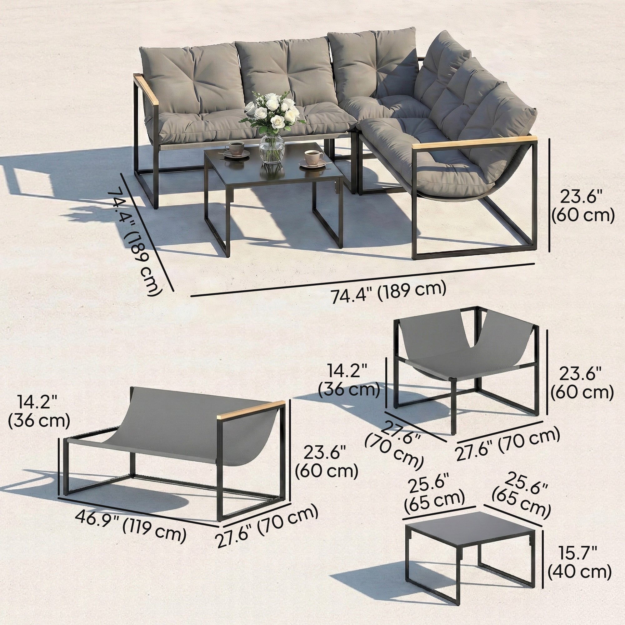Aosom 4-Piece L-Shaped Patio Furniture Set - Grey Metal-DECOROLALA