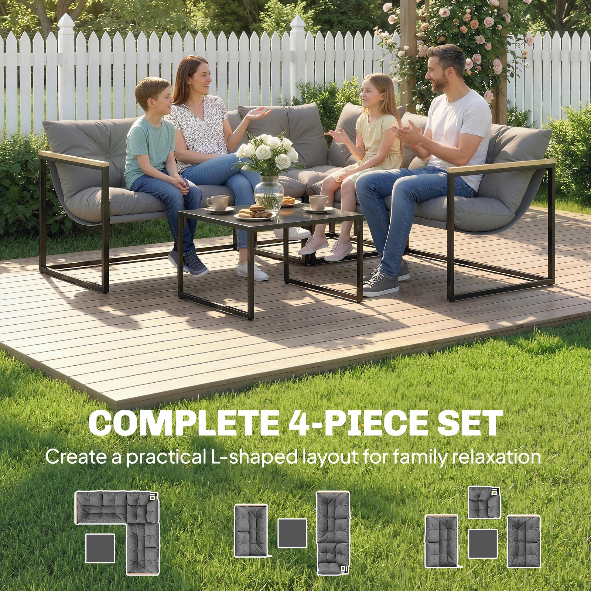 Aosom 4-Piece L-Shaped Patio Furniture Set - Grey Metal-DECOROLALA