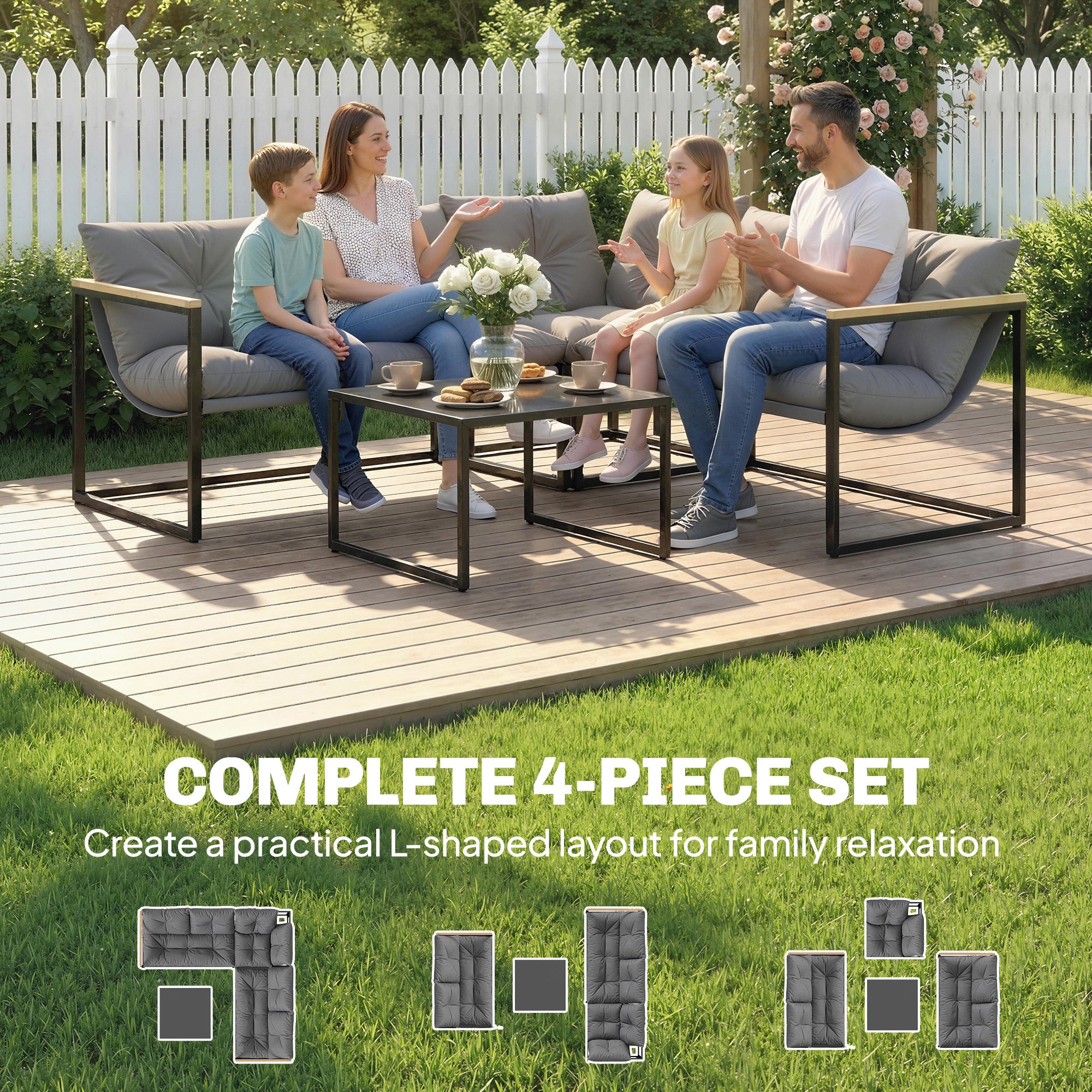 Aosom 4-Piece L-Shaped Patio Furniture Set - Grey Metal-DECOROLALA