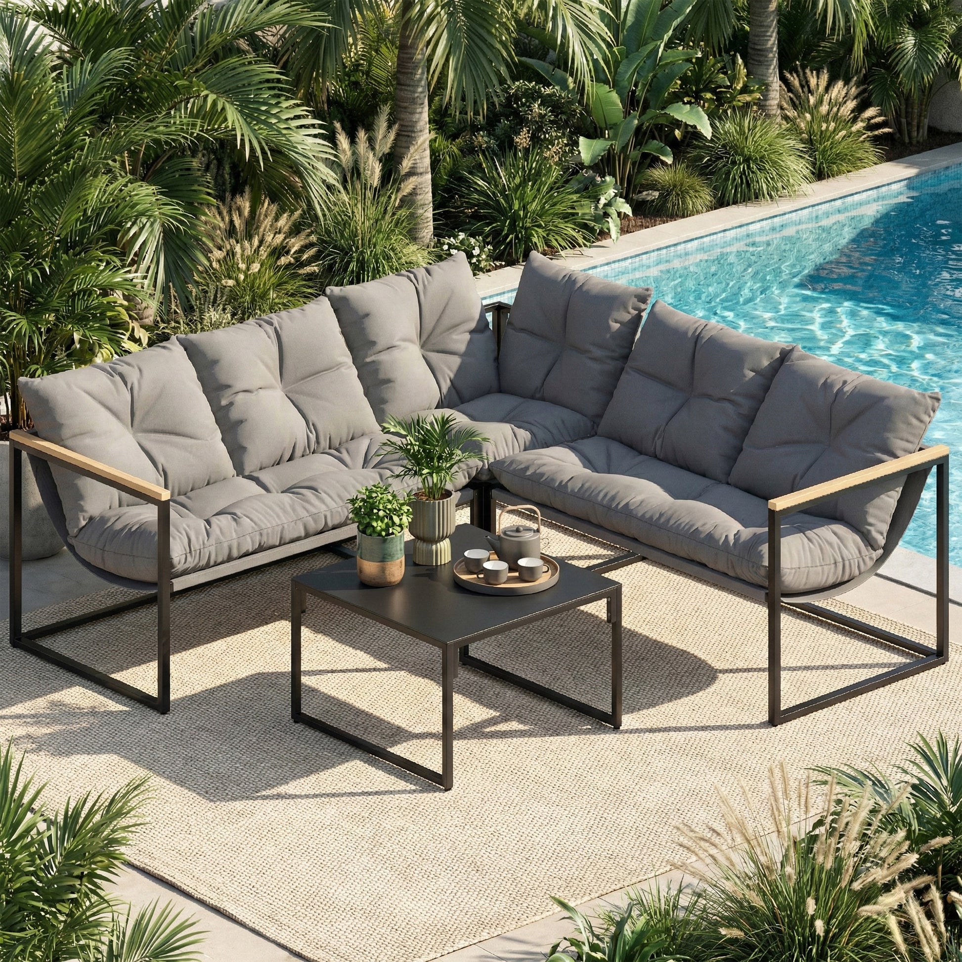 Aosom 4-Piece L-Shaped Patio Furniture Set - Grey Metal-DECOROLALA