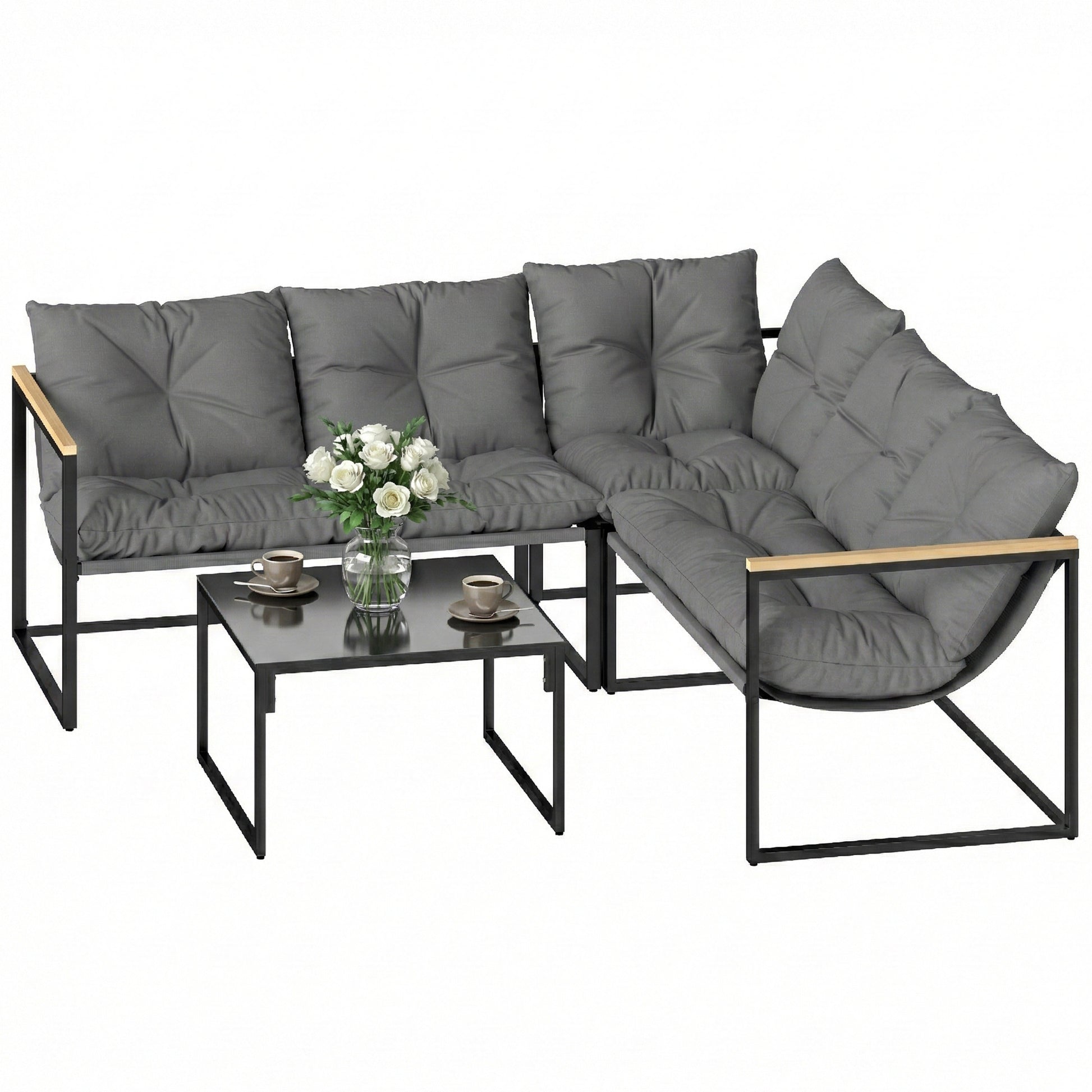 Aosom 4-Piece L-Shaped Patio Furniture Set - Grey Metal-DECOROLALA