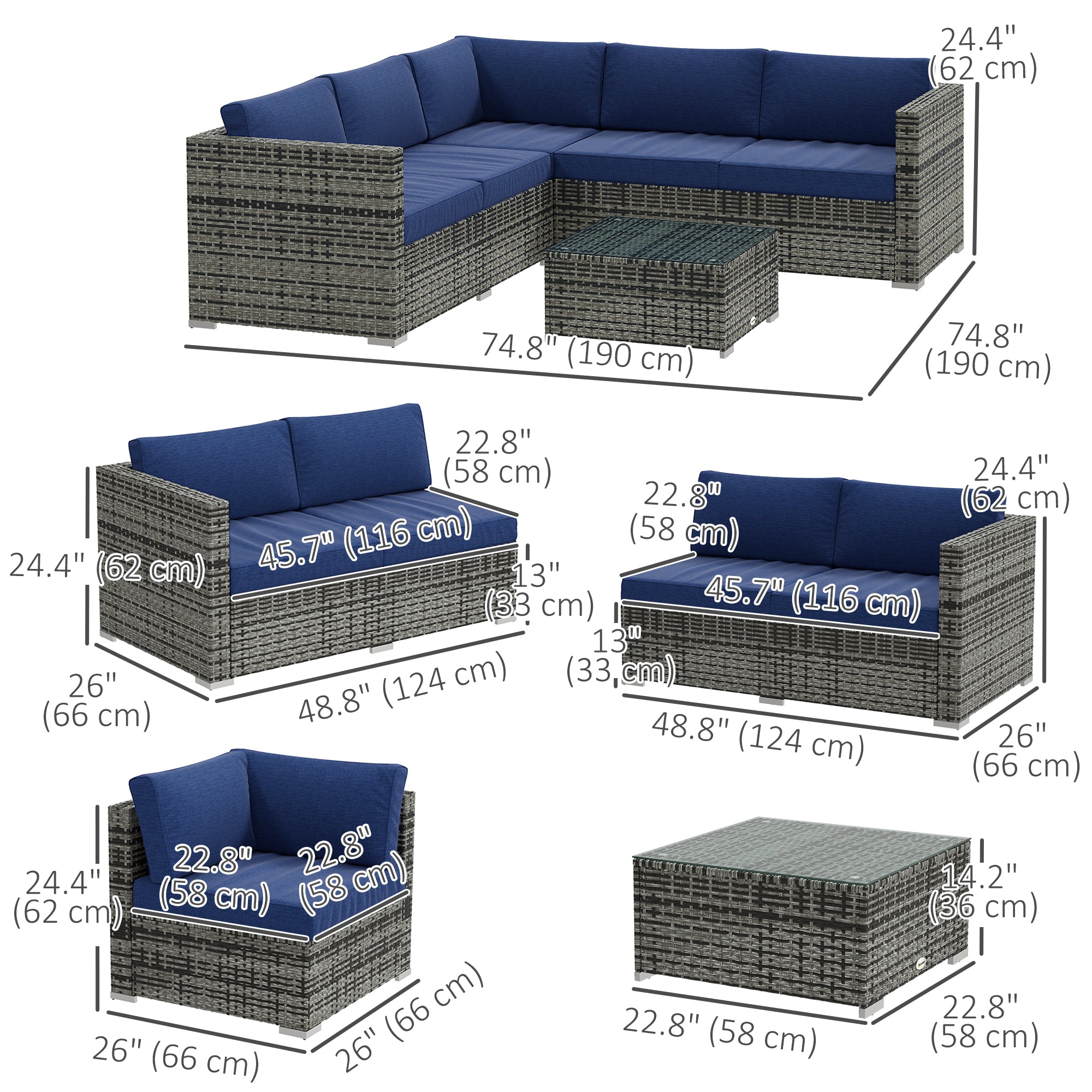 Aosom 4-Piece Rattan Patio Set - Navy Blue Sectional-DECOROLALA