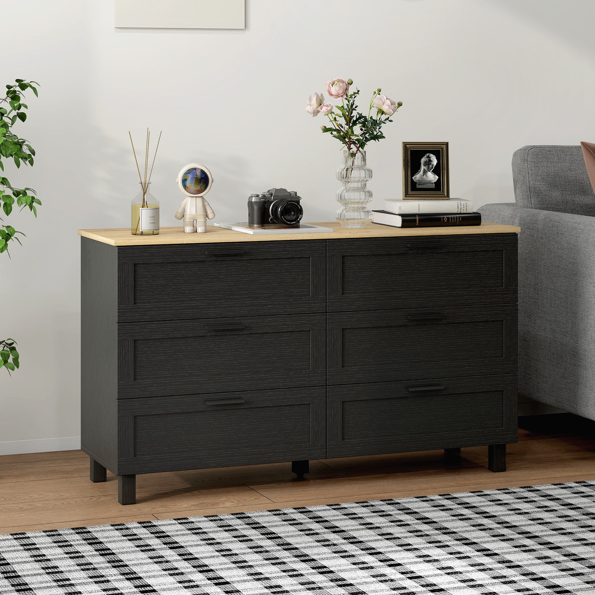 Aosom 47" 6-Drawer Chest of Drawers - Black Wood Grain Dresser-DECOROLALA