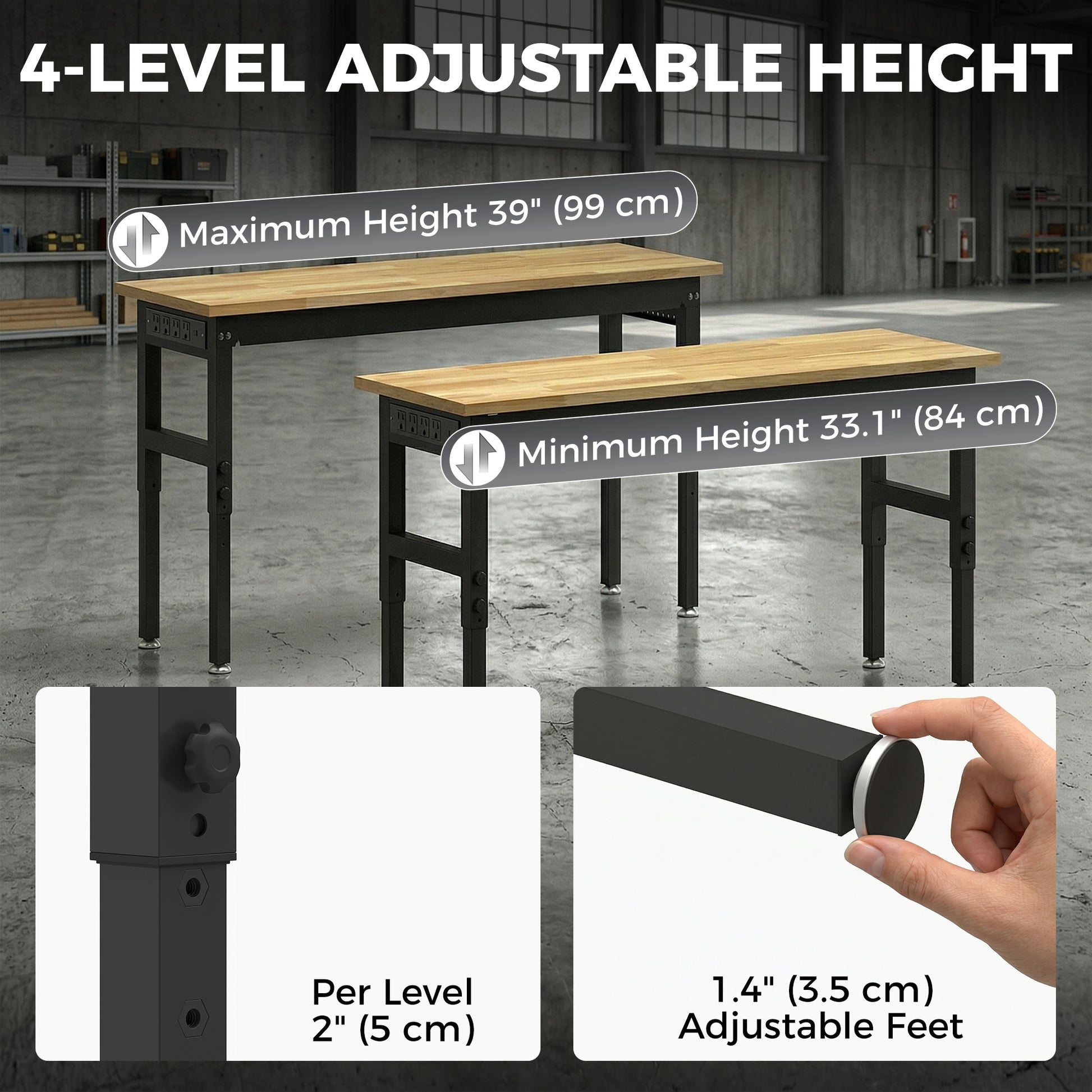 Aosom 48" Adjustable Workbench - 2000 lbs Capacity Rubberwood Top-Home Improvement > Tools > Tool Organizers-DECOROLALA