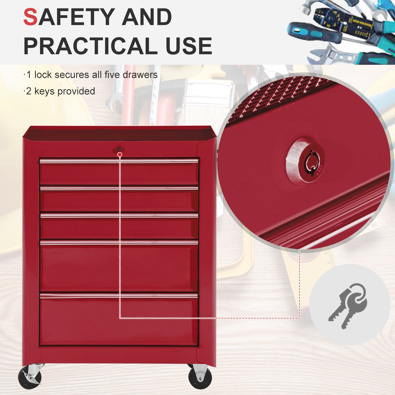 Aosom 5-Drawer Rolling Steel Tool Cabinet - Red 32.5" H-Home Improvement > Tools > Tool Organizers-DECOROLALA