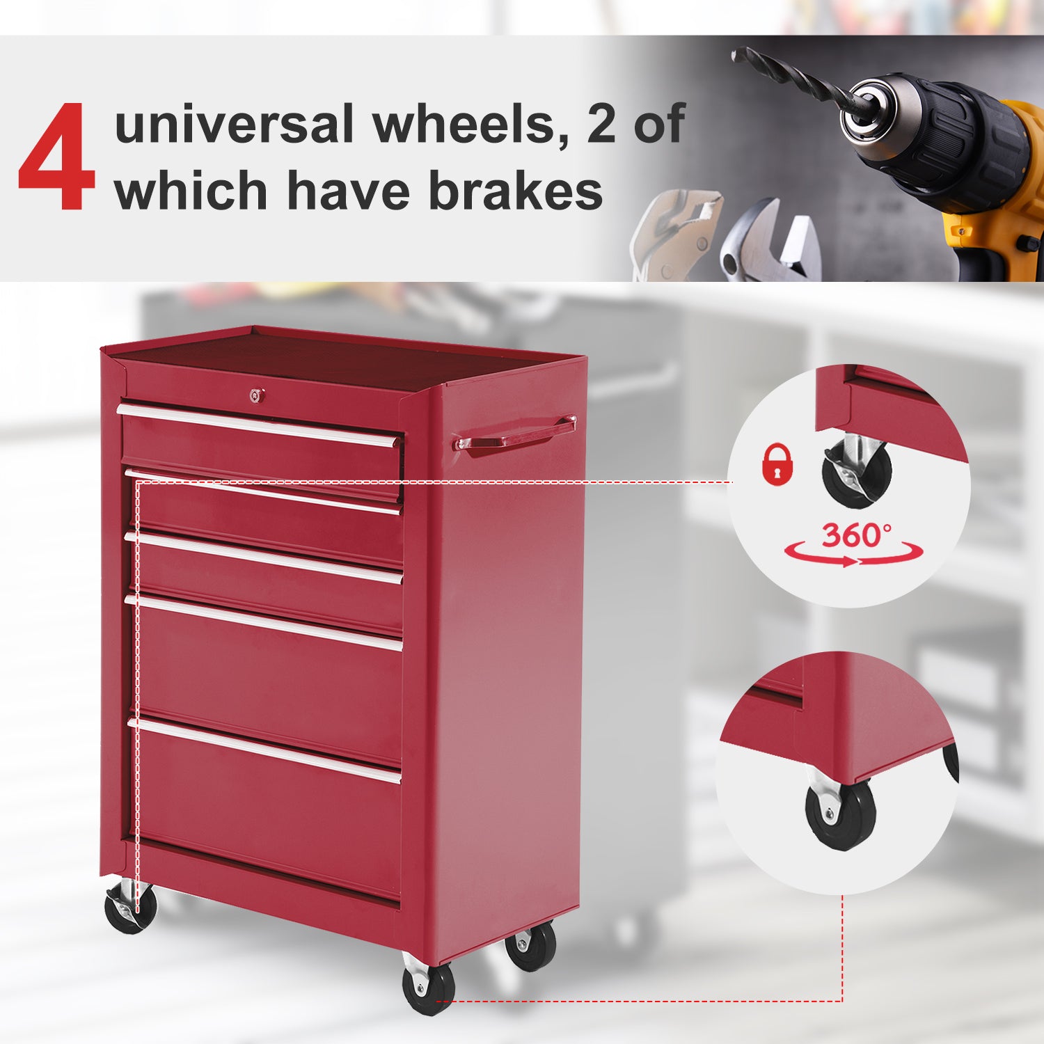 Aosom 5-Drawer Rolling Steel Tool Cabinet - Red 32.5" H-Home Improvement > Tools > Tool Organizers-DECOROLALA