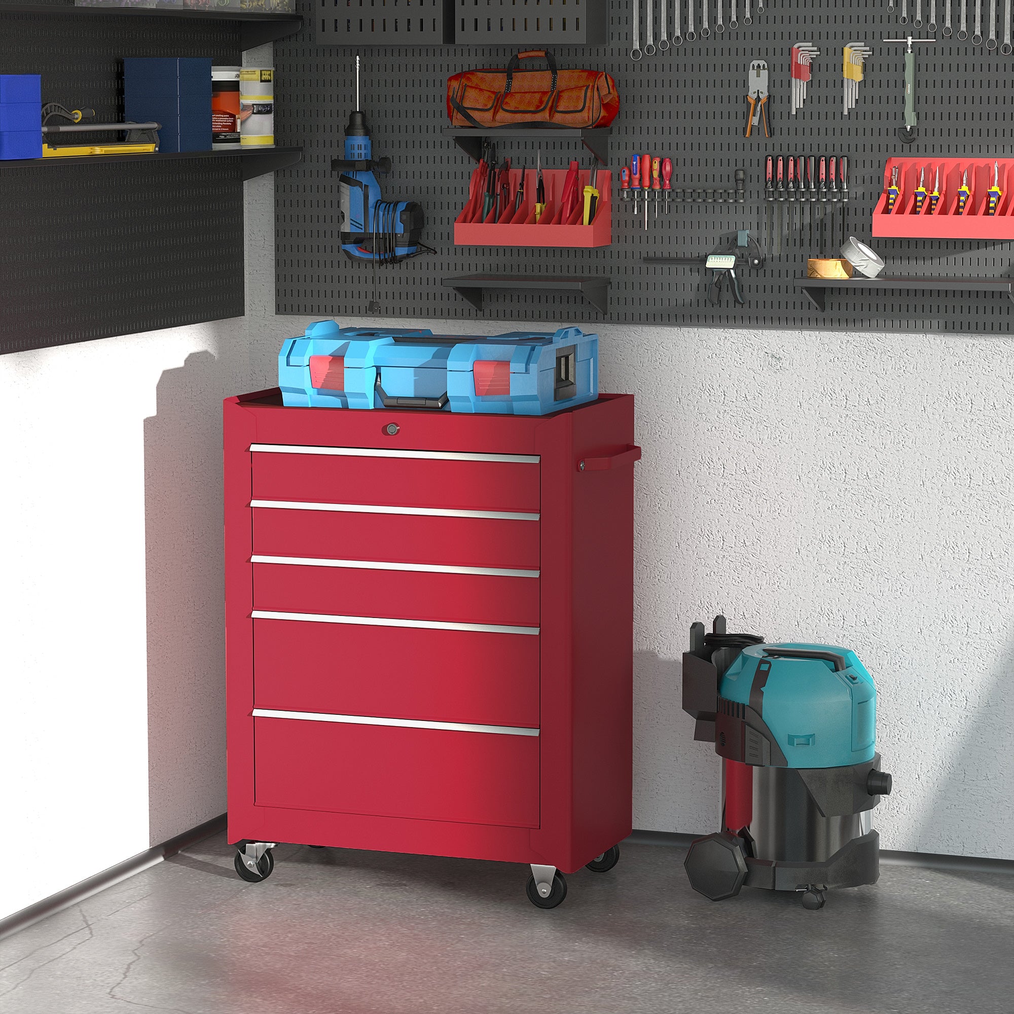 Aosom 5-Drawer Rolling Steel Tool Cabinet - Red 32.5" H-Home Improvement > Tools > Tool Organizers-DECOROLALA