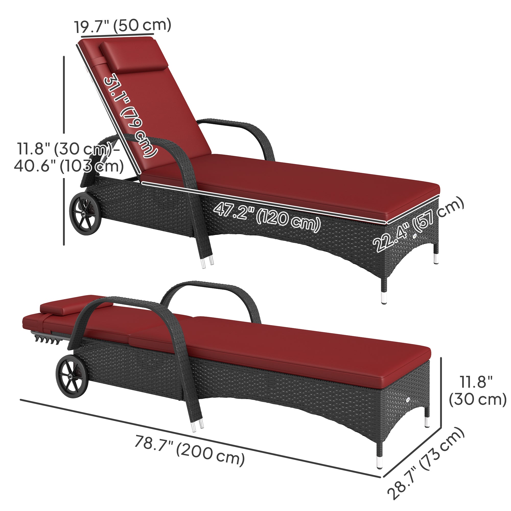 Aosom 5-Level Lounger, Adjustable Red Chair with Wheels, Deep Coffee, Wine Red-DECOROLALA