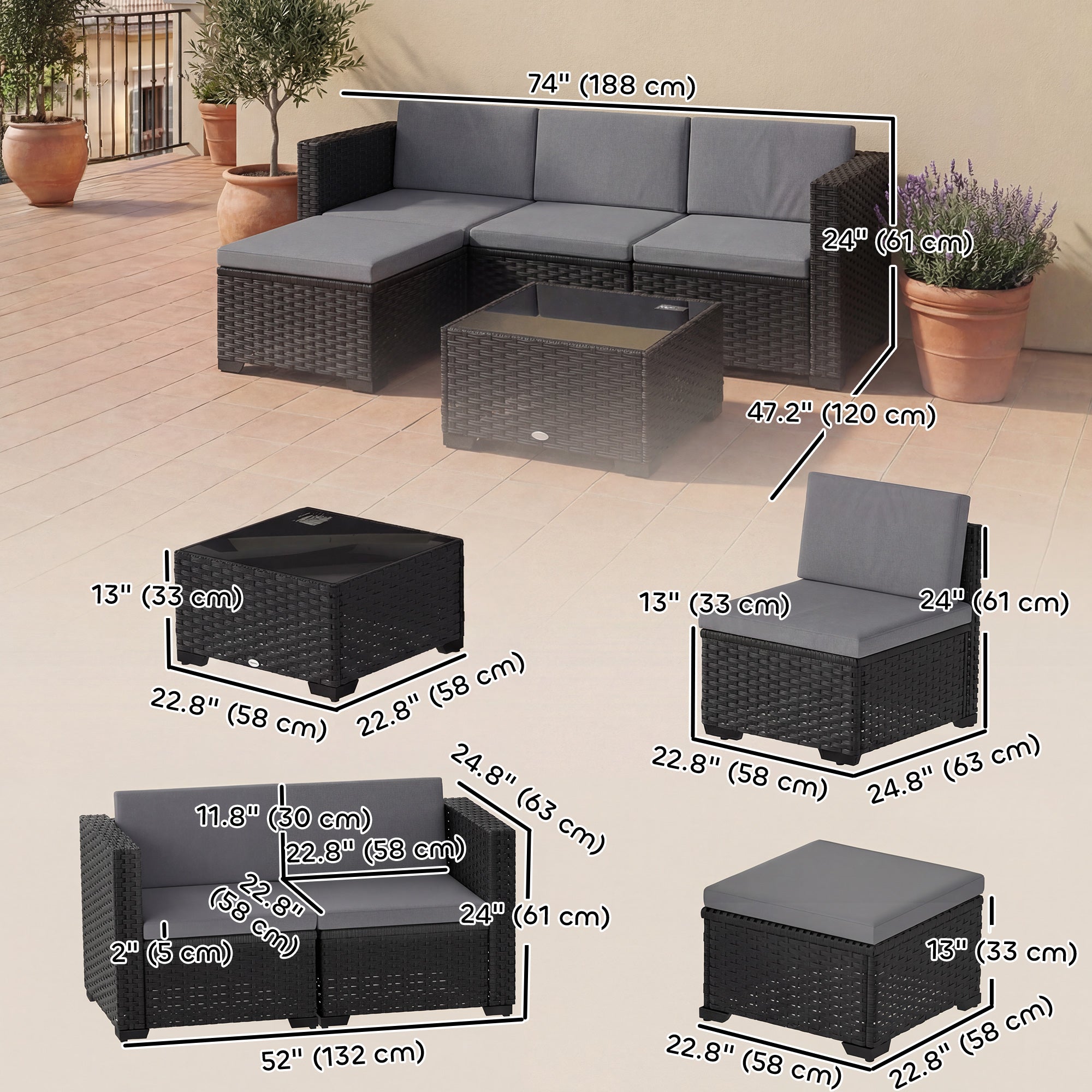 Aosom 5-Piece Wicker Patio Furniture Set - L-Shape Grey-DECOROLALA