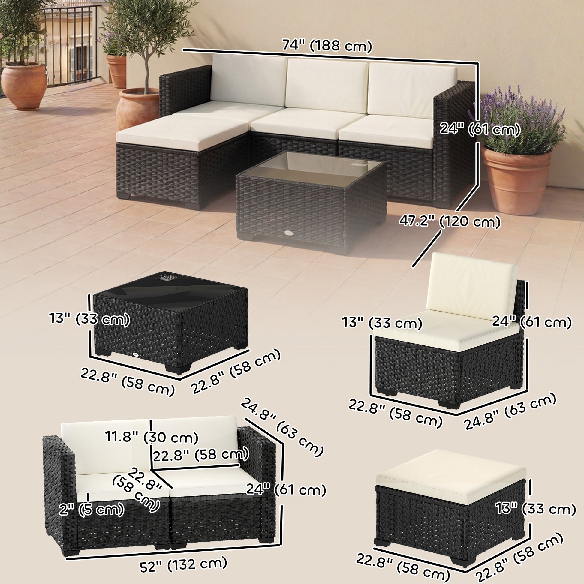 Aosom 5-Piece Wicker Patio Sectional Set - Black-DECOROLALA