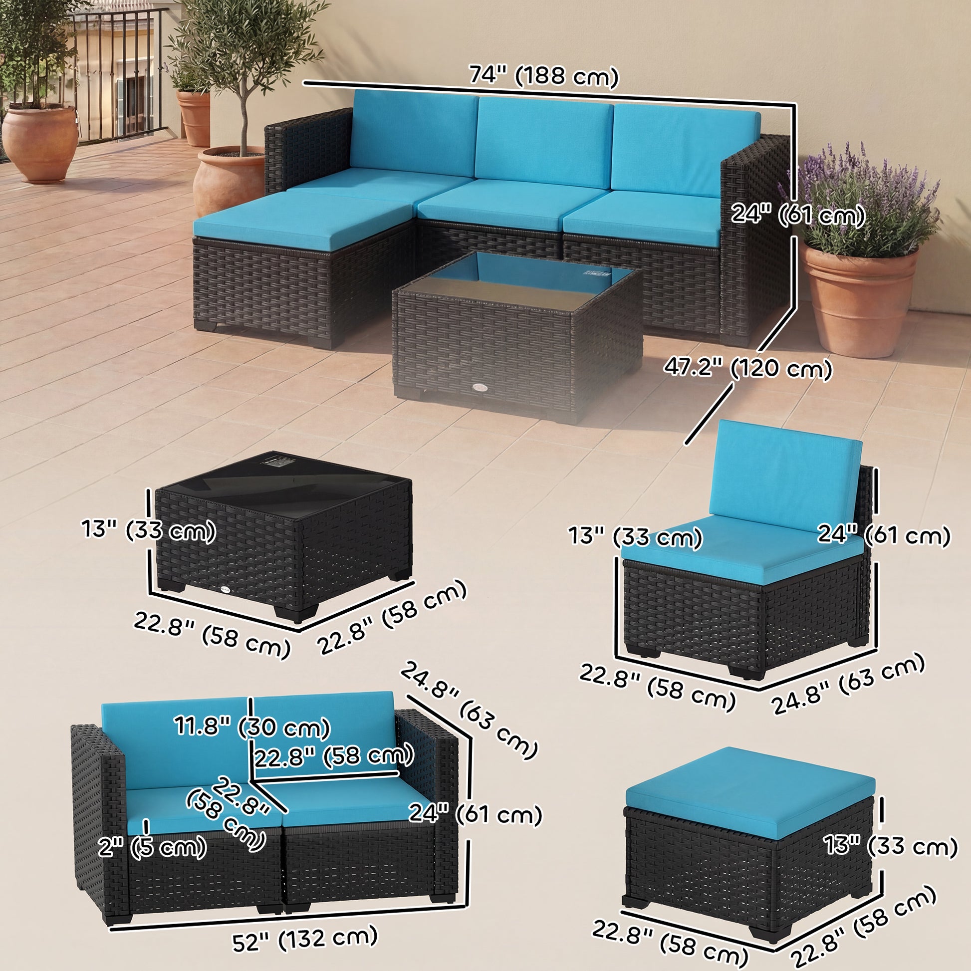 Aosom 5-Piece Wicker Patio Sectional Set - Black-DECOROLALA