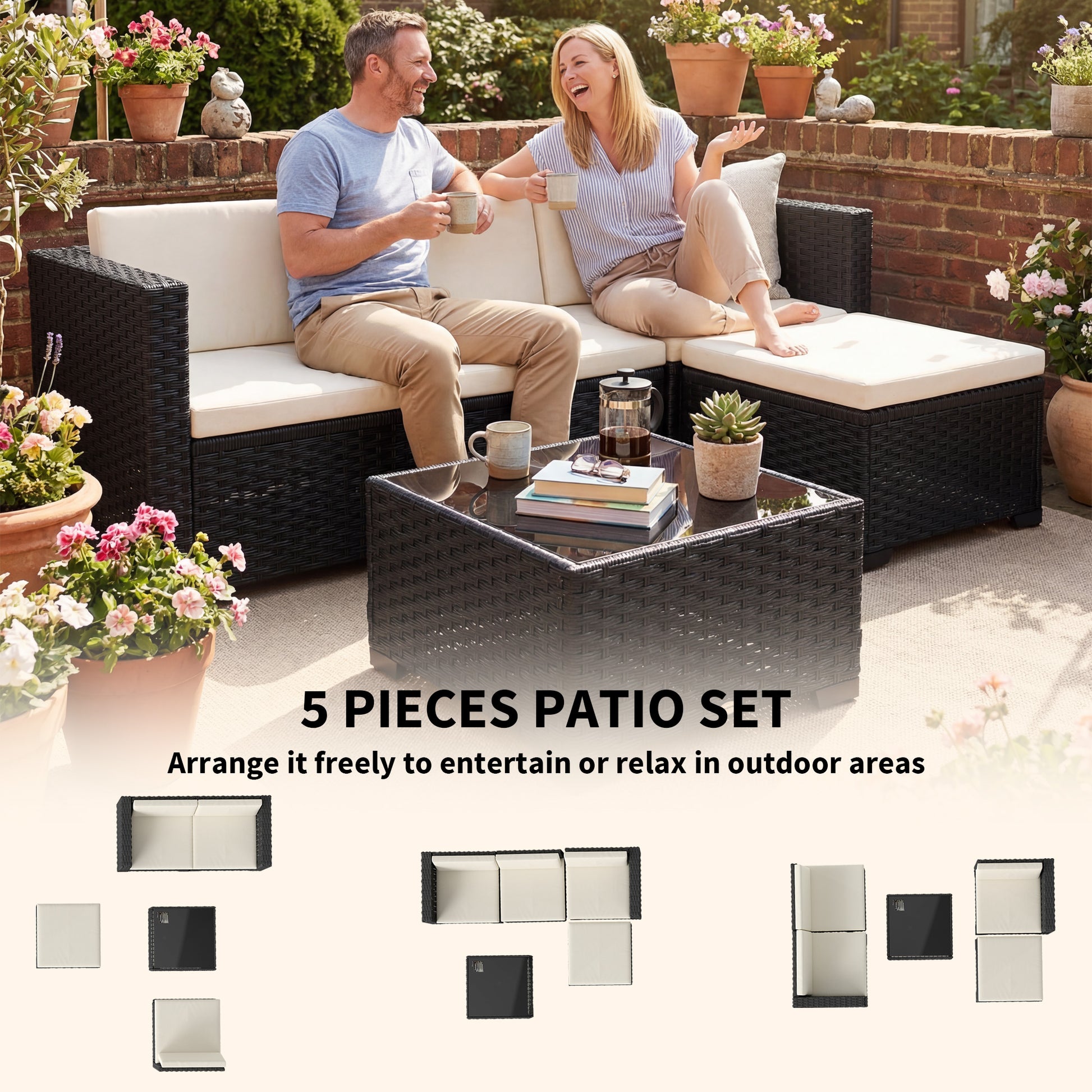 Aosom 5-Piece Wicker Patio Sectional Set - Black-DECOROLALA