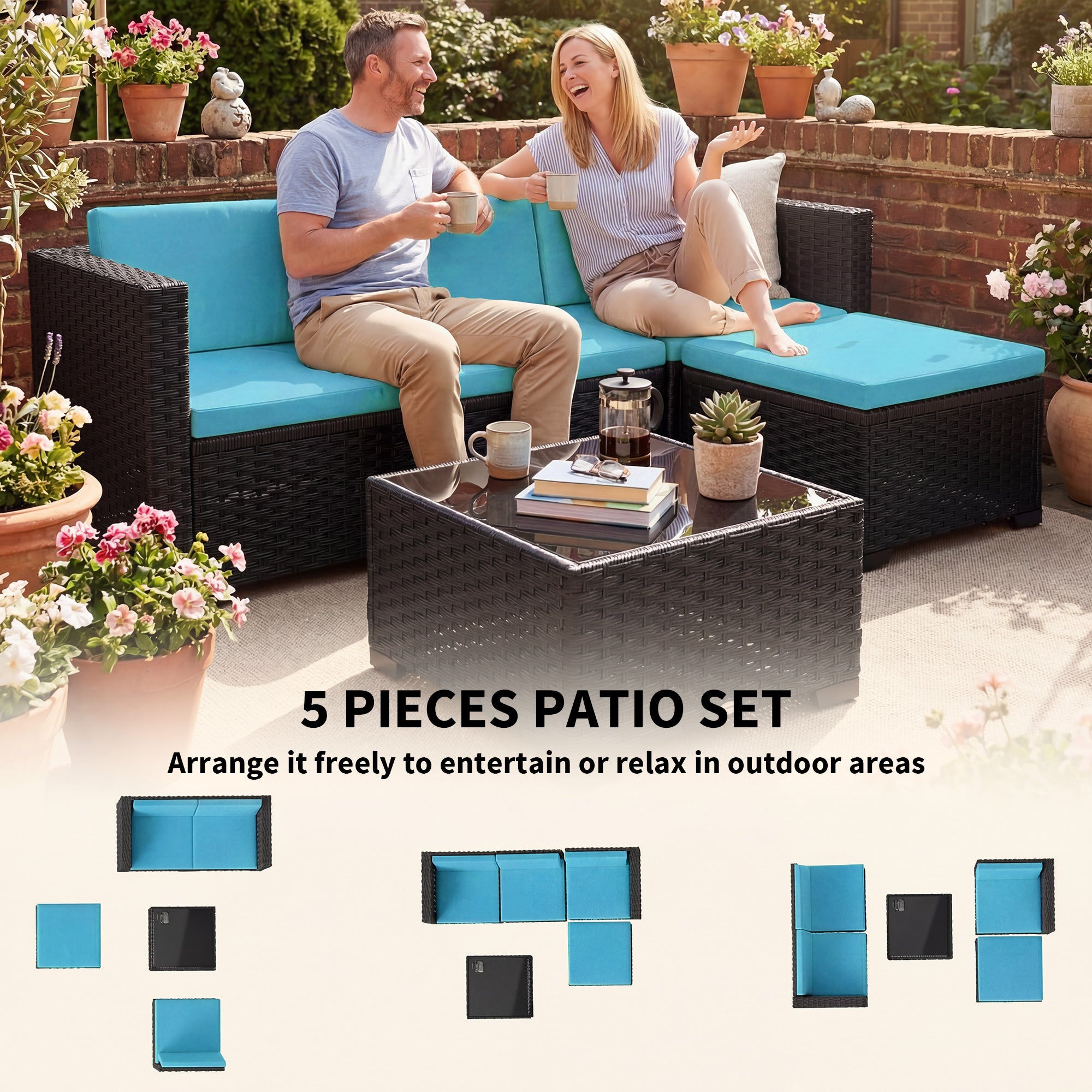 Aosom 5-Piece Wicker Patio Sectional Set - Black-DECOROLALA