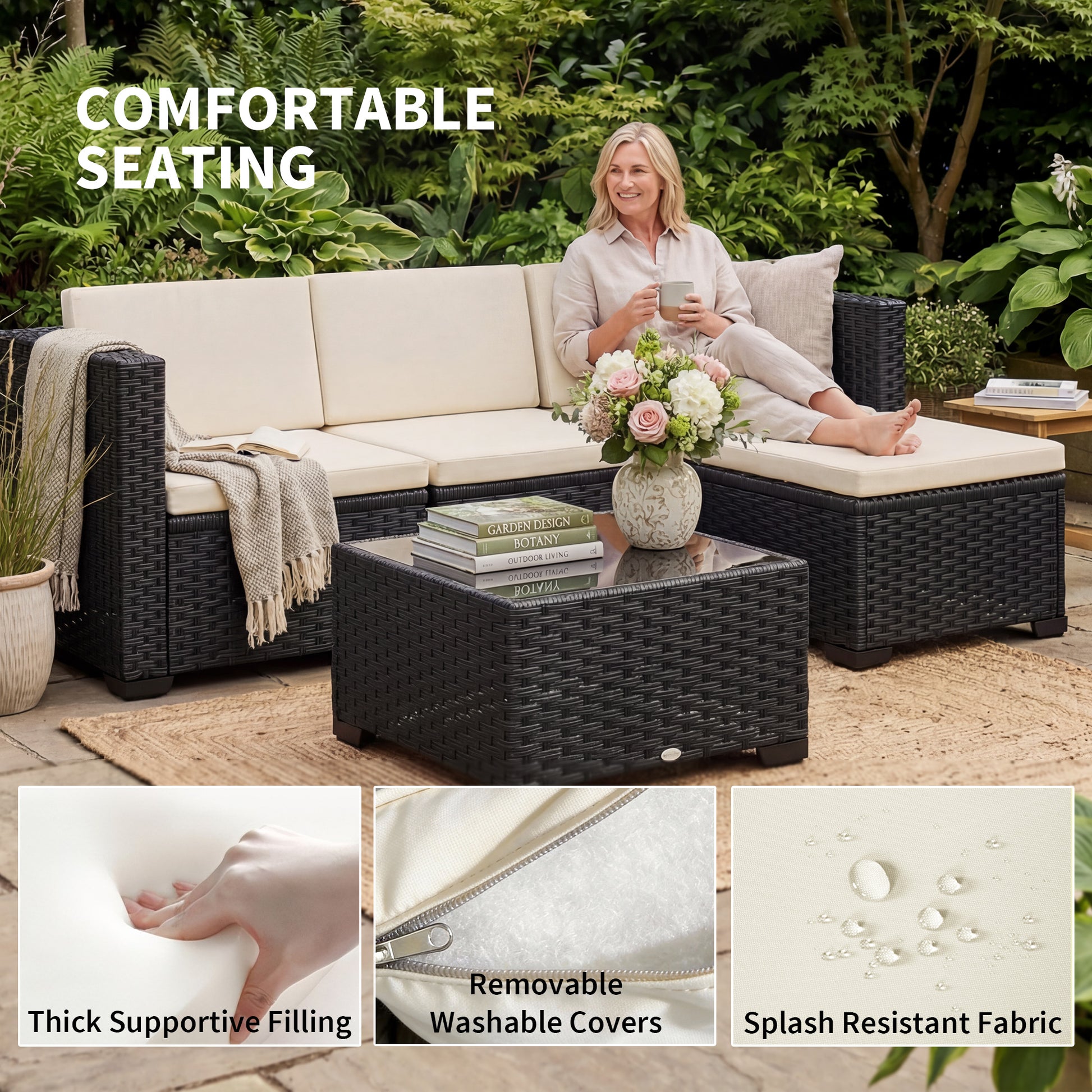 Aosom 5-Piece Wicker Patio Sectional Set - Black-DECOROLALA