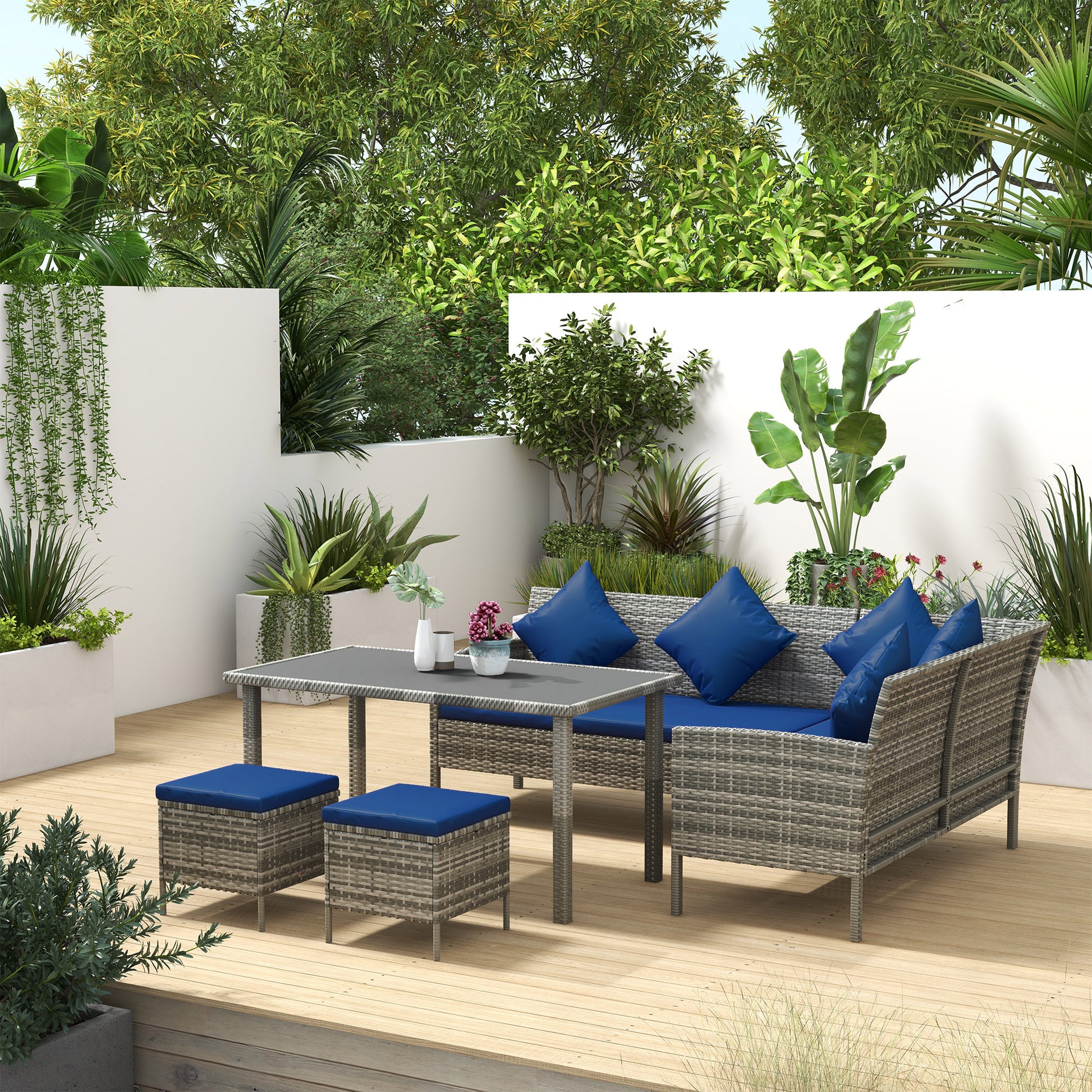 Aosom 5-Piece Wicker Patio Set - Navy Blue Cushions-DECOROLALA