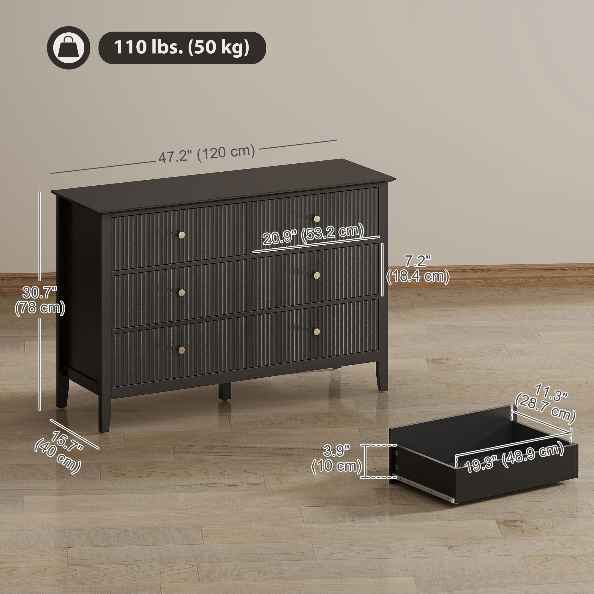 Aosom 6 Drawer Double Dresser - Black Fluted Fronts Gold Handles-DECOROLALA