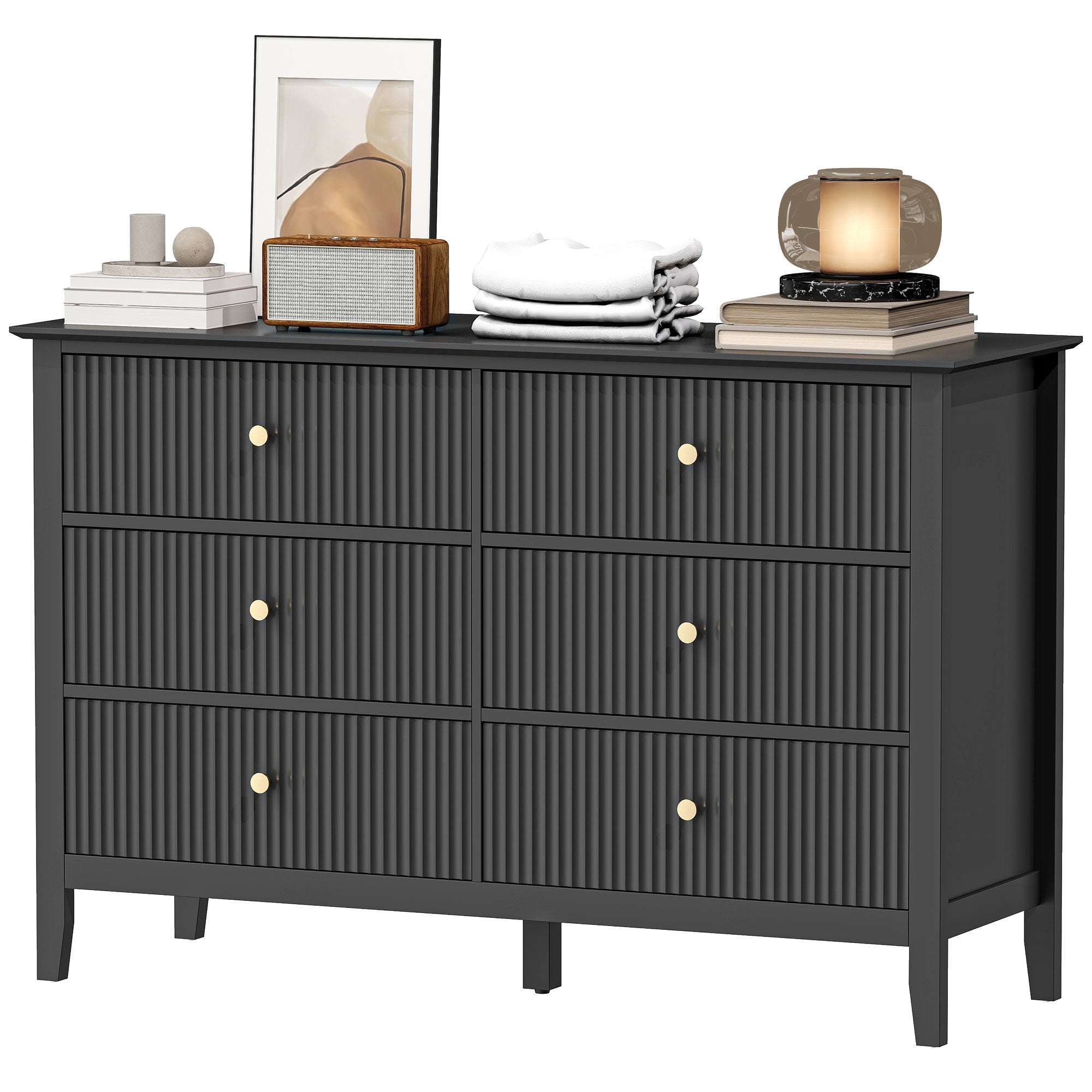 Aosom 6 Drawer Double Dresser - Black Fluted Fronts Gold Handles-DECOROLALA