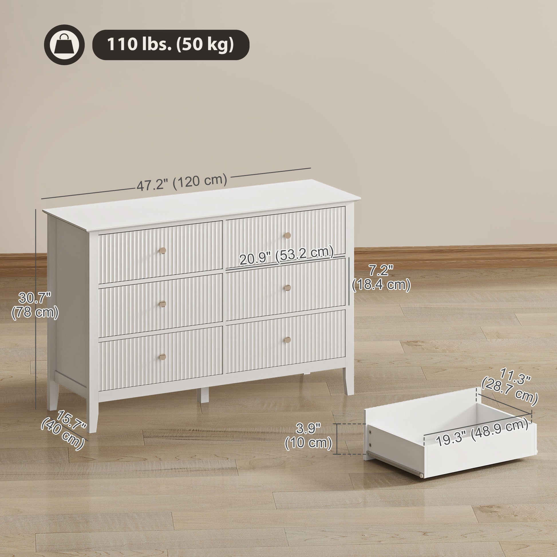 Aosom 6 Drawer Double Dresser - White Fluted Fronts Gold Handles-DECOROLALA