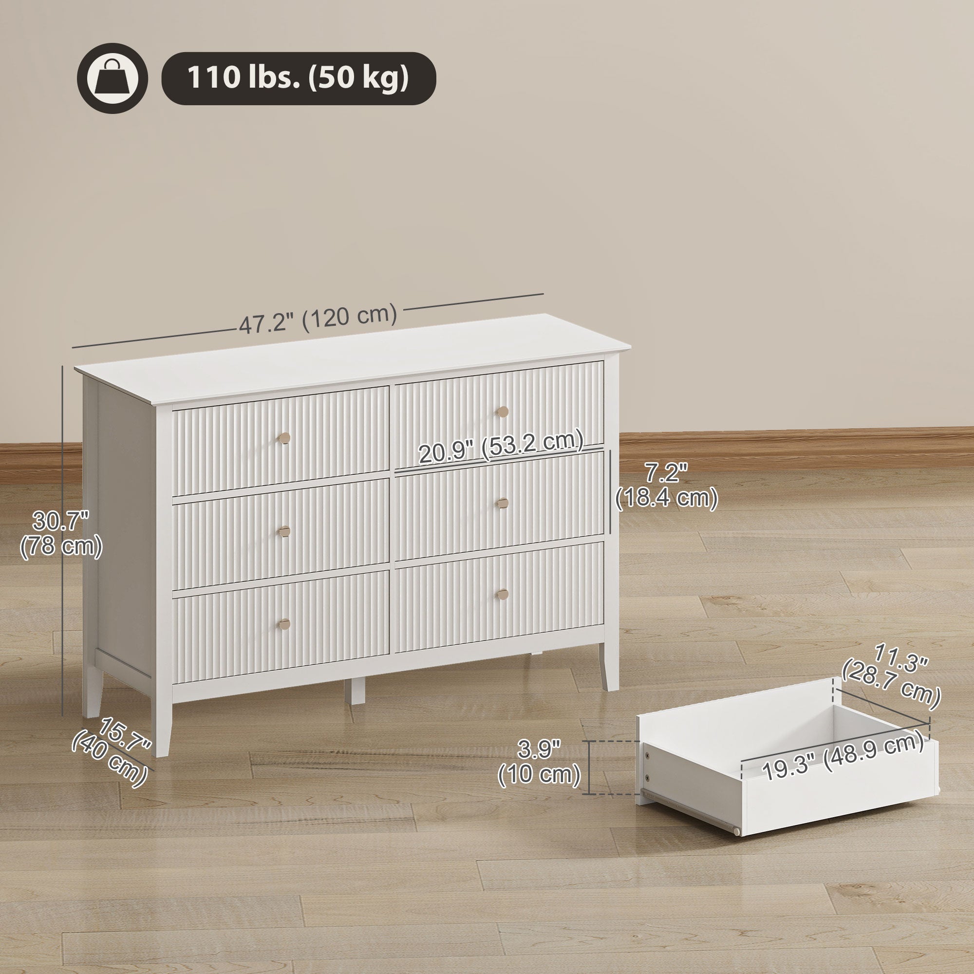 Aosom 6 Drawer Double Dresser - White Fluted Fronts Gold Handles-DECOROLALA