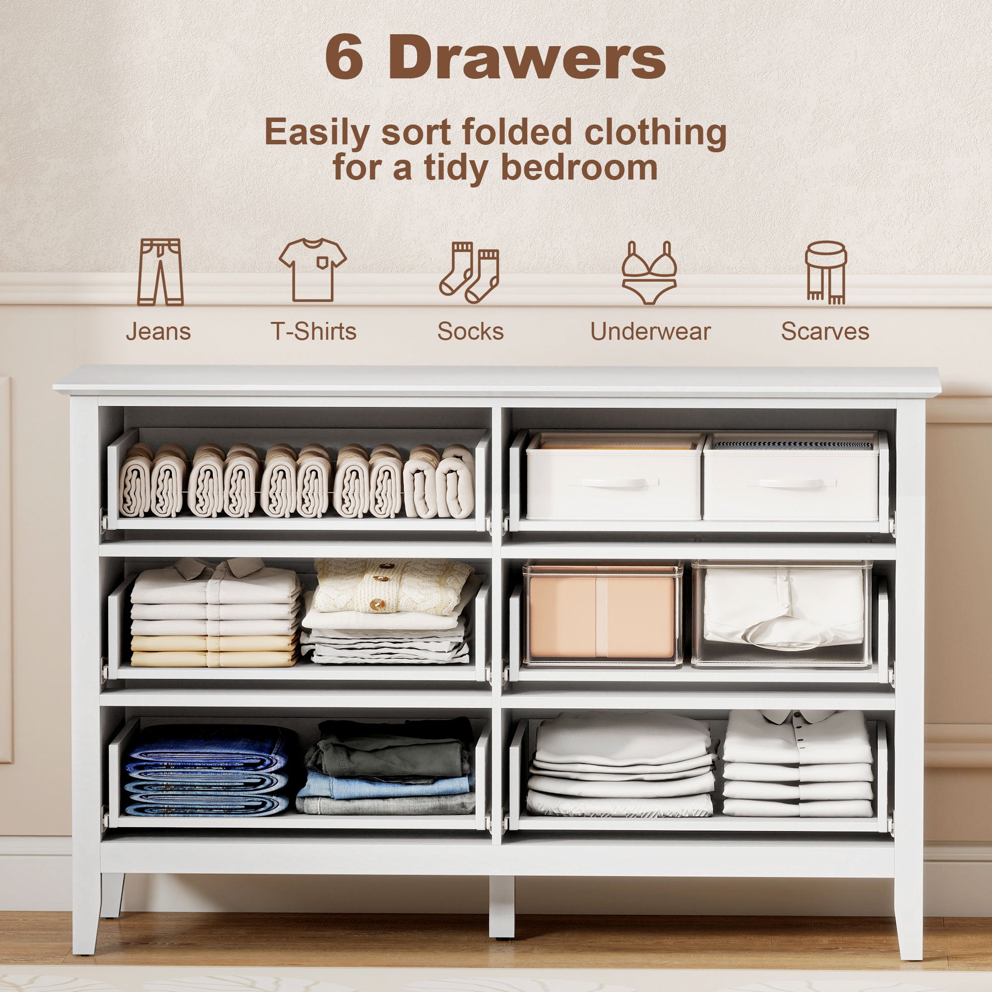 Aosom 6 Drawer Double Dresser - White Fluted Fronts Gold Handles-DECOROLALA