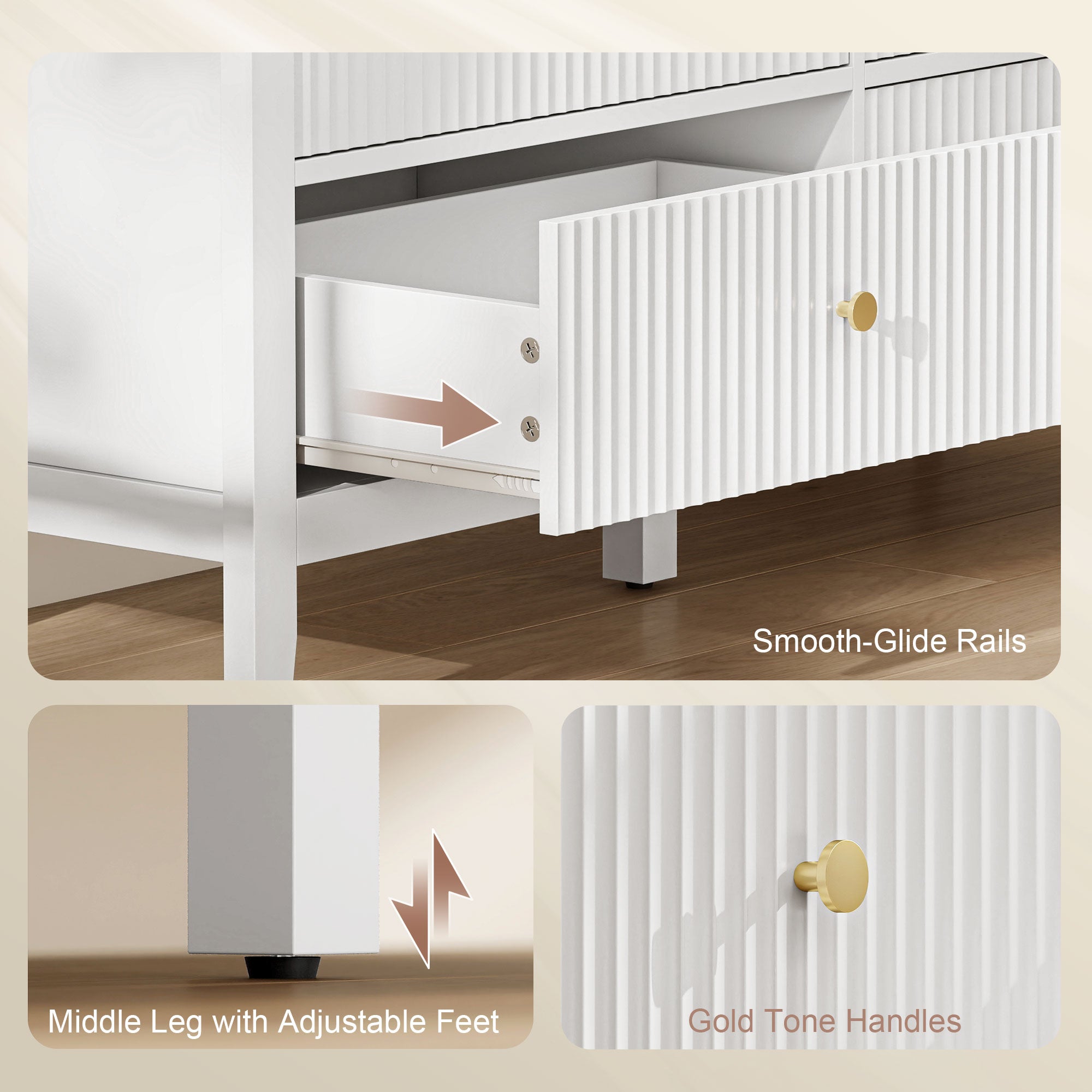 Aosom 6 Drawer Double Dresser - White Fluted Fronts Gold Handles-DECOROLALA