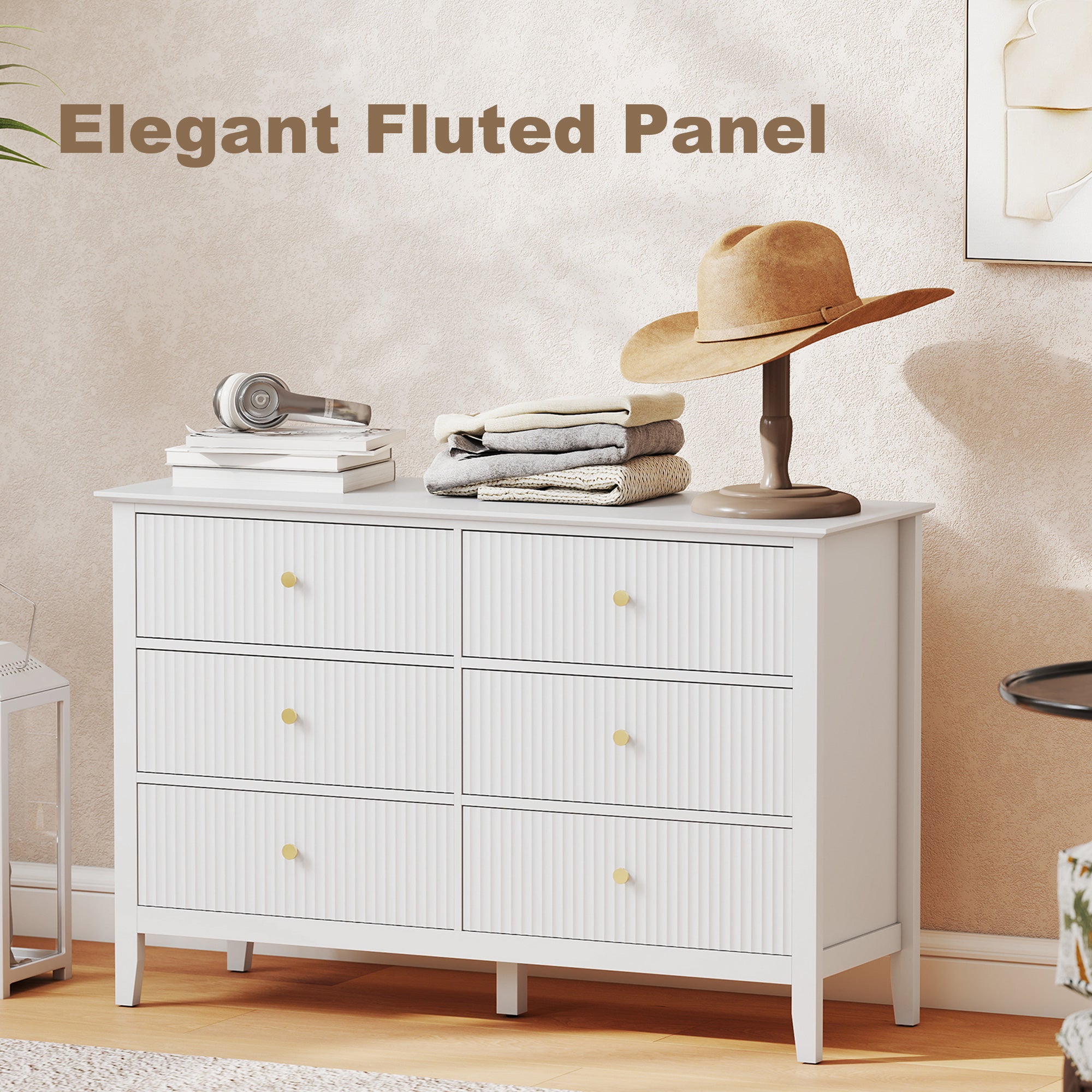 Aosom 6 Drawer Double Dresser - White Fluted Fronts Gold Handles-DECOROLALA