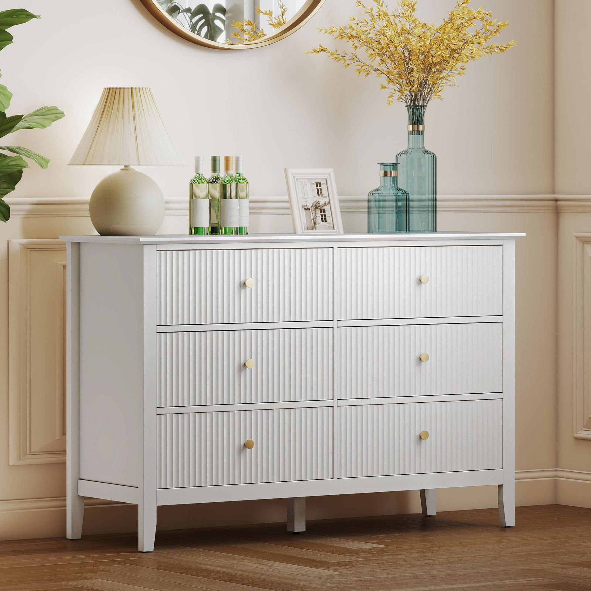 Aosom 6 Drawer Double Dresser - White Fluted Fronts Gold Handles-DECOROLALA