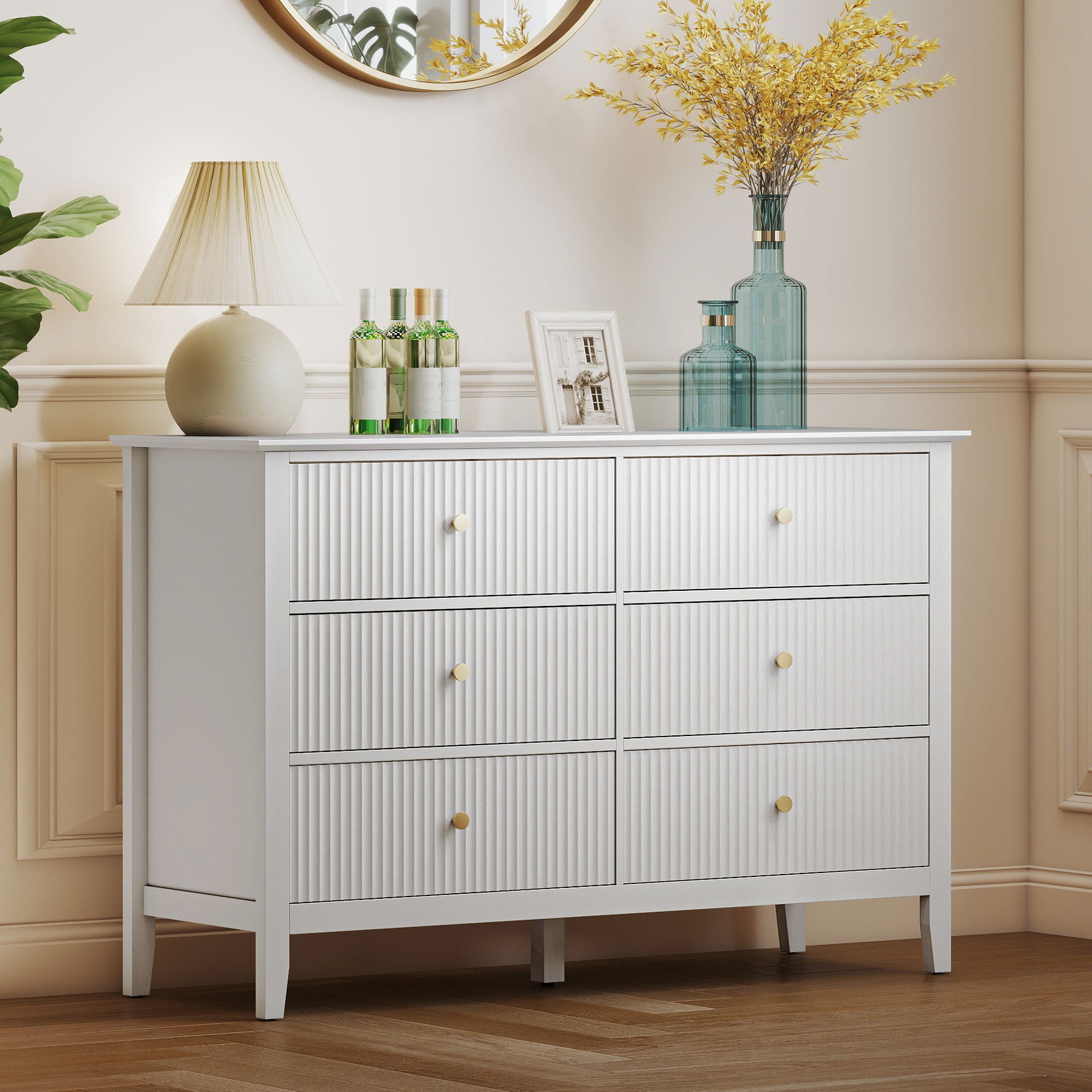 Aosom 6 Drawer Double Dresser - White Fluted Fronts Gold Handles-DECOROLALA