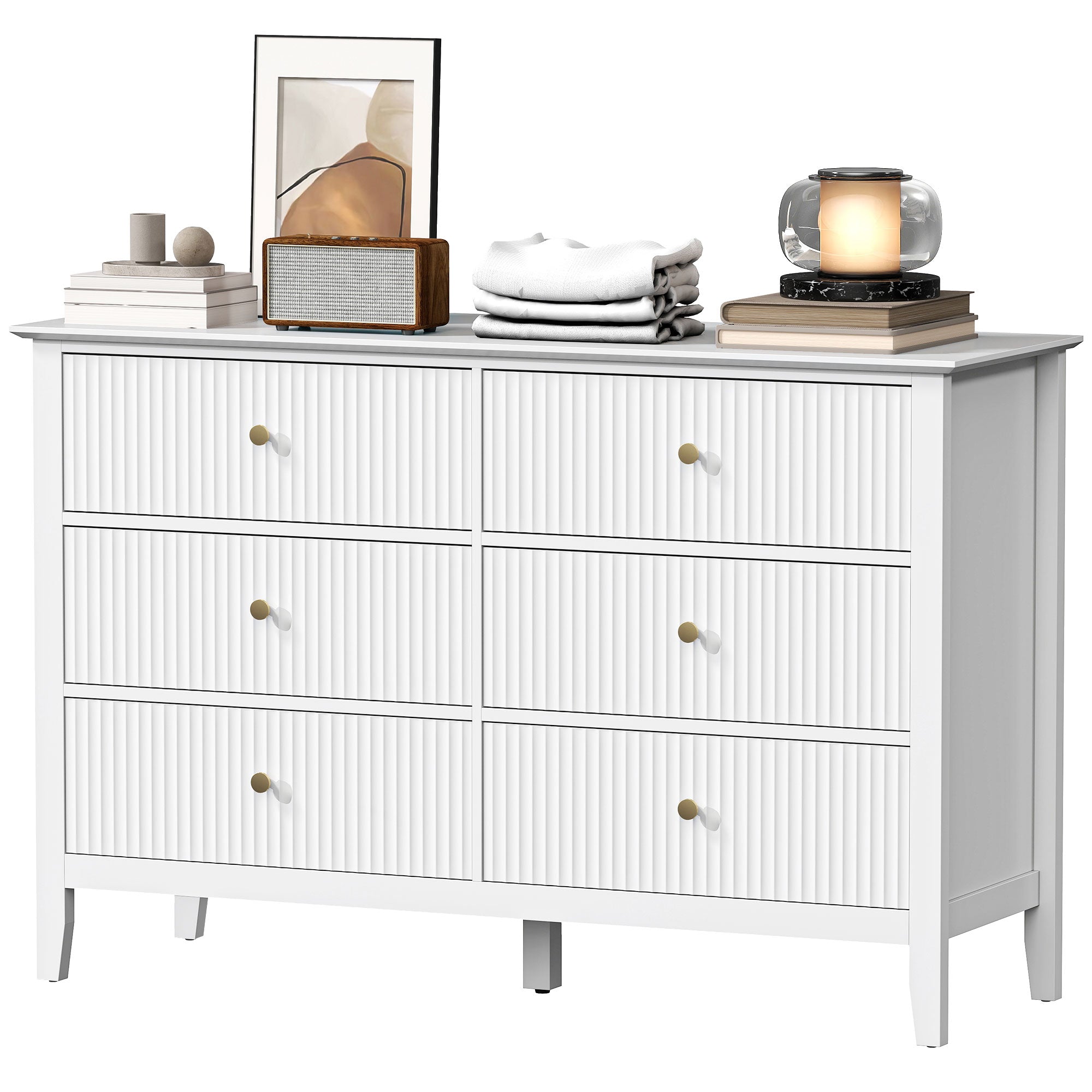 Aosom 6 Drawer Double Dresser - White Fluted Fronts Gold Handles-DECOROLALA