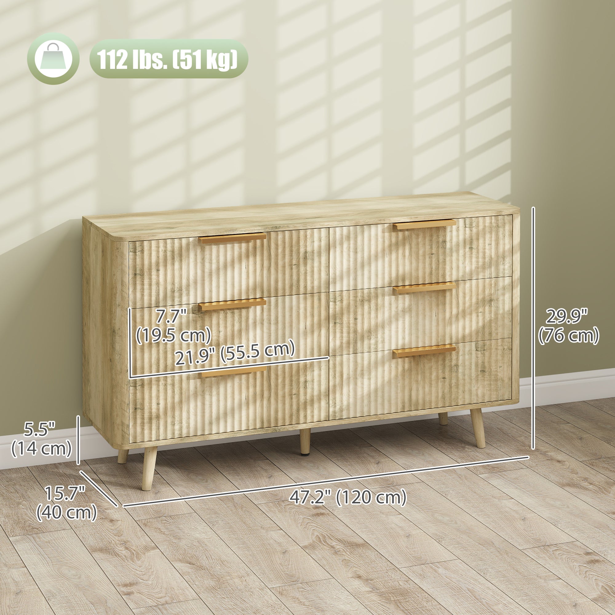Aosom 6 Drawer Fluted Dresser - Modern Oak Chest of Drawers-DECOROLALA