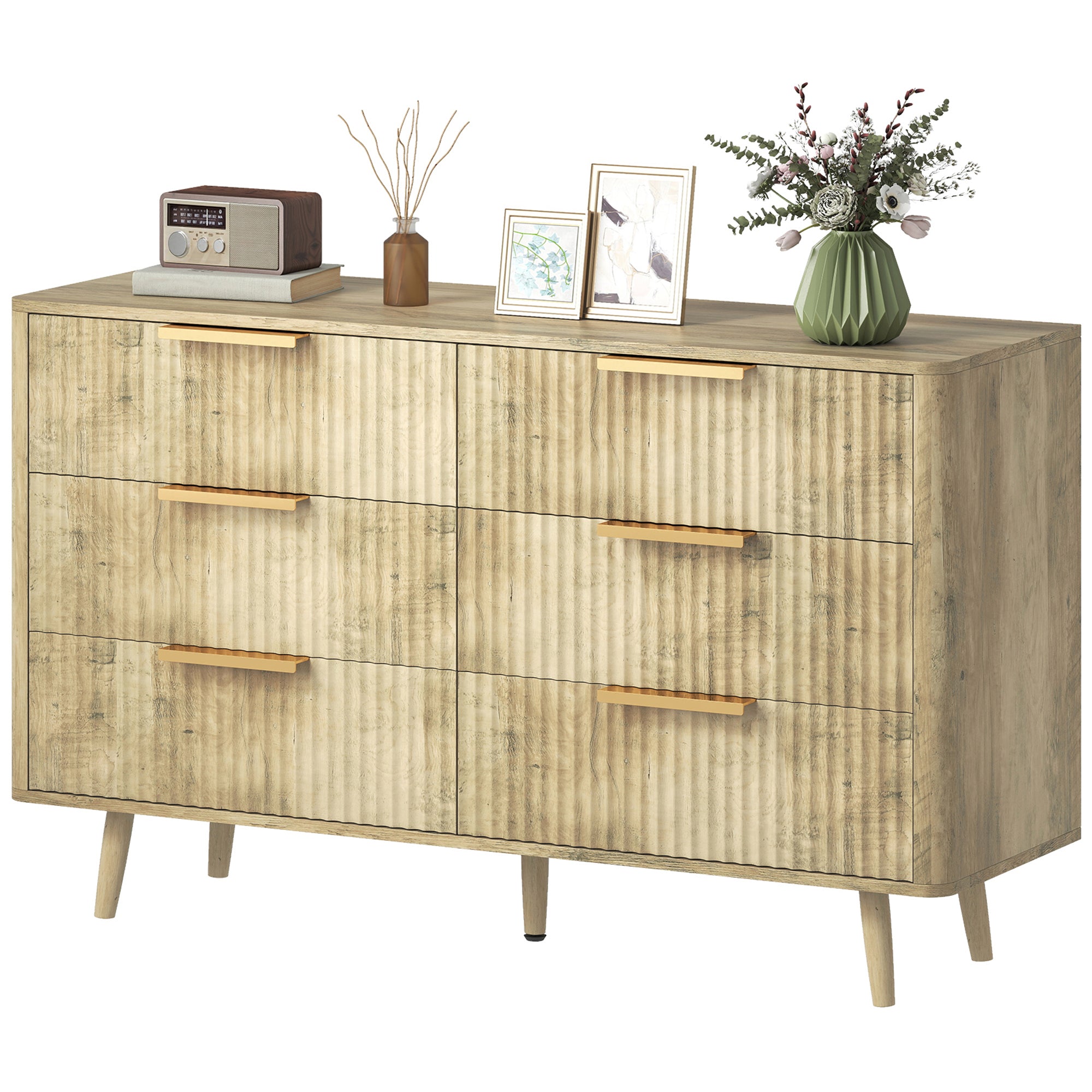 Aosom 6 Drawer Fluted Dresser - Modern Oak Chest of Drawers-DECOROLALA