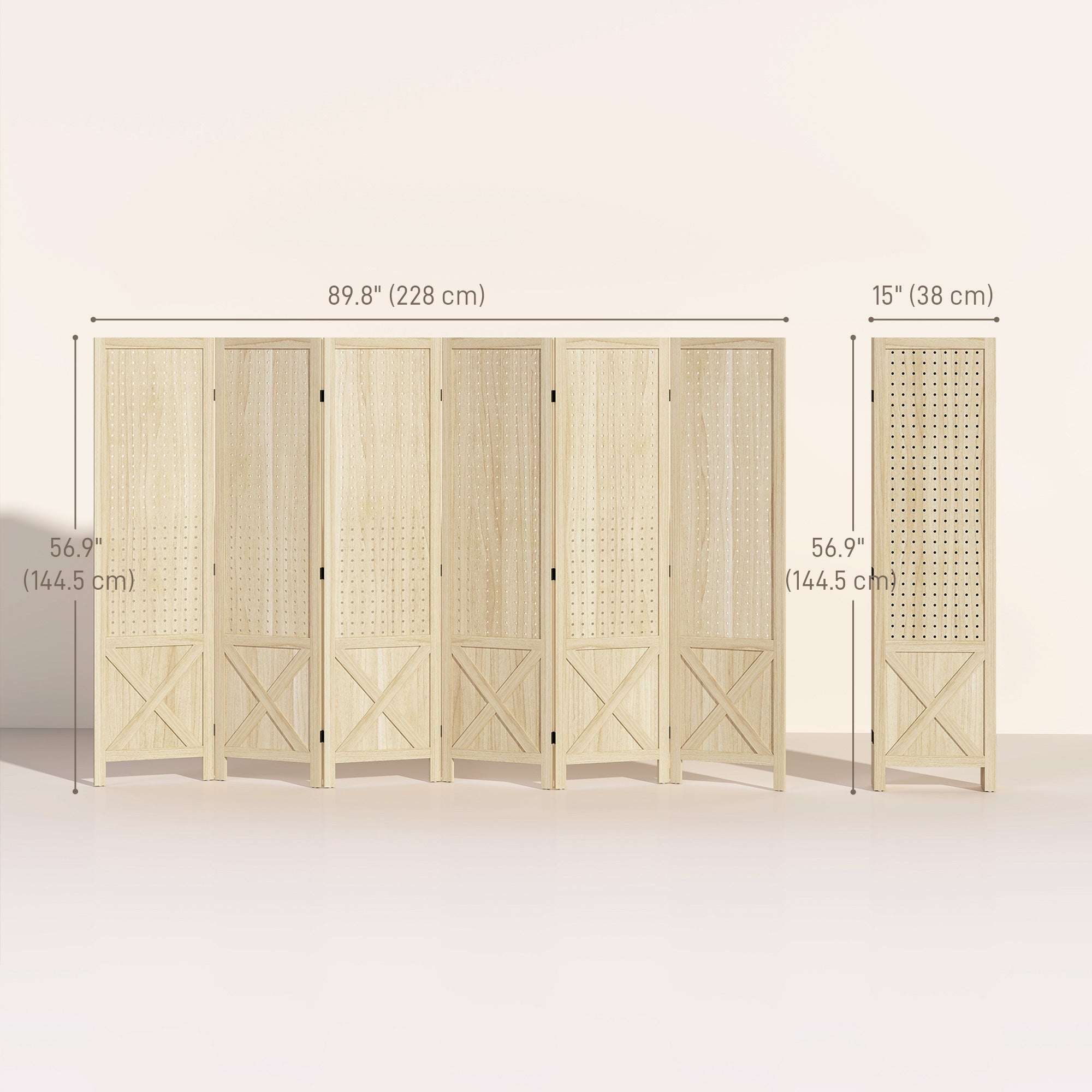 Aosom 6-Panel Wooden Room Divider with Pegboard - Natural Wood-Home Furnishings > Living Room Furniture > Room Dividers-DECOROLALA