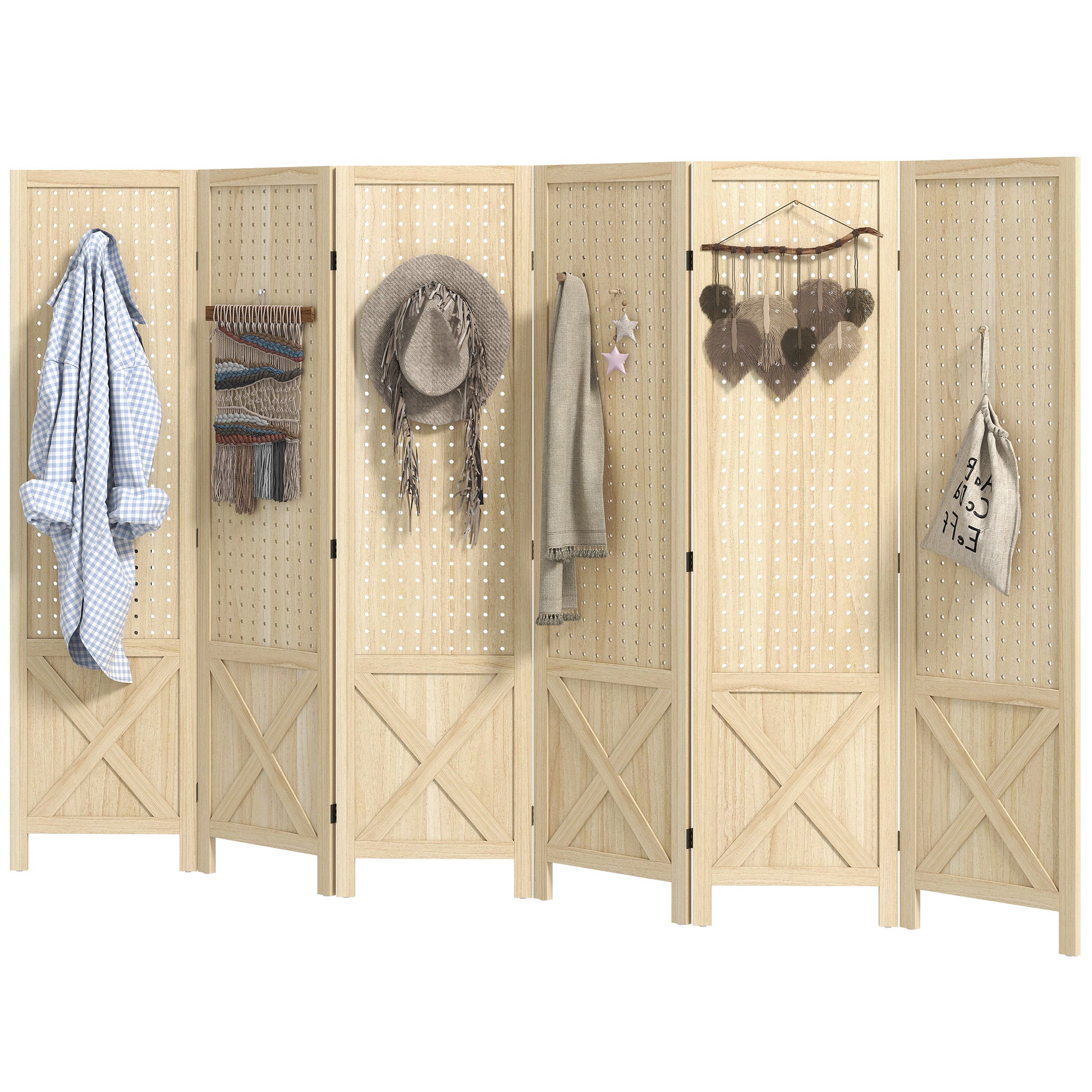Aosom 6-Panel Wooden Room Divider with Pegboard - Natural Wood-Home Furnishings > Living Room Furniture > Room Dividers-DECOROLALA