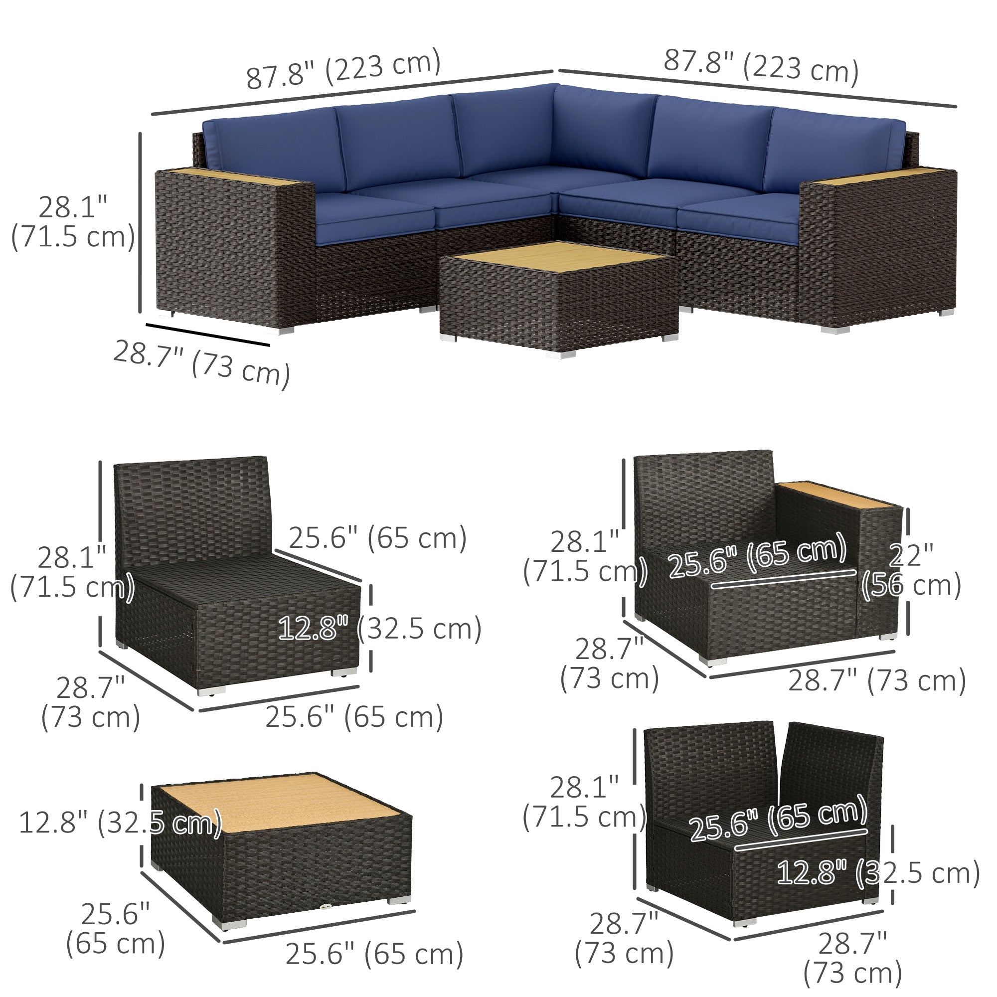 Aosom 6-Piece Rattan Patio Sectional Set Navy Blue-DECOROLALA
