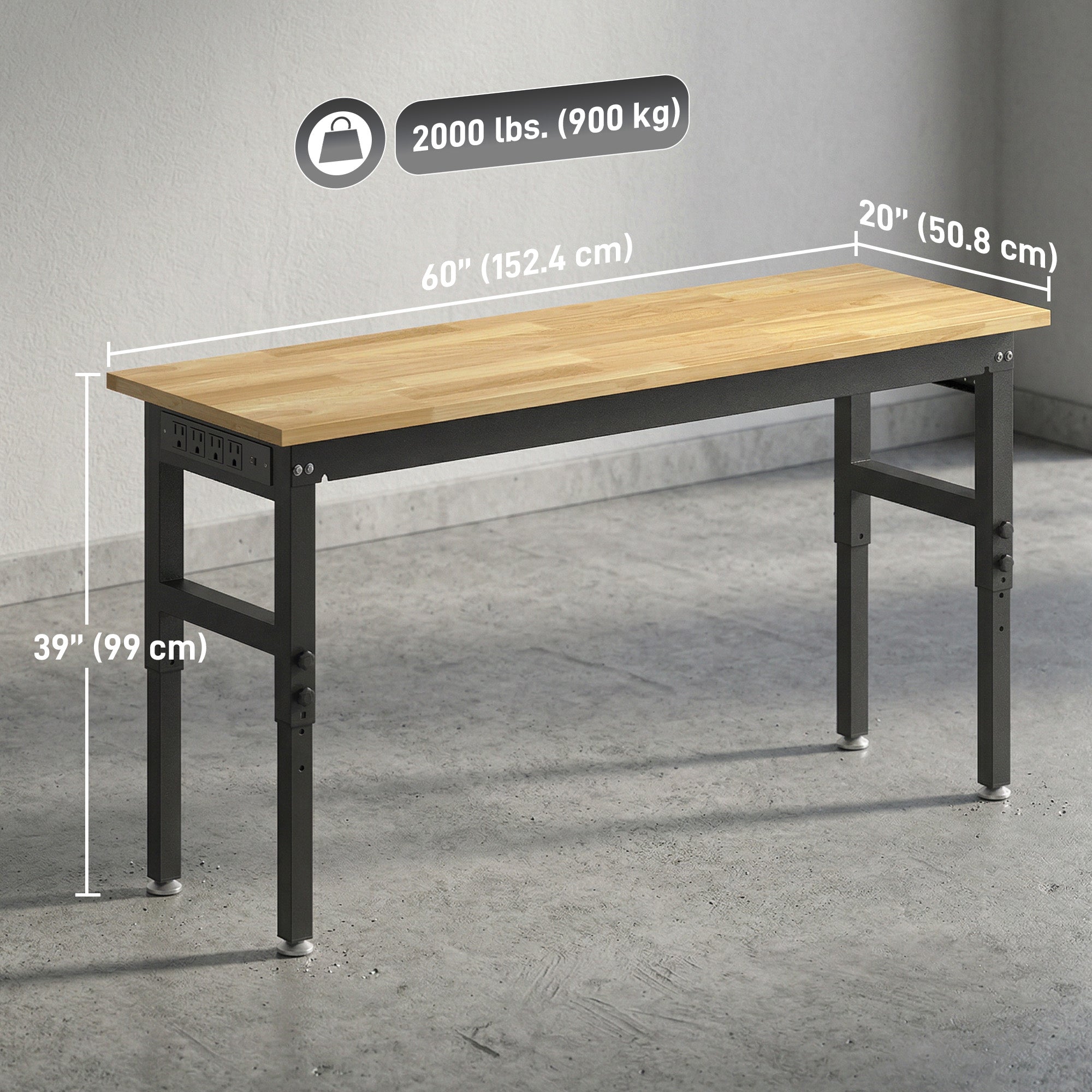 Aosom 60" Heavy Duty Workbench - 2000 lbs Capacity Rubberwood Top-Home Improvement > Tools > Tool Organizers-DECOROLALA