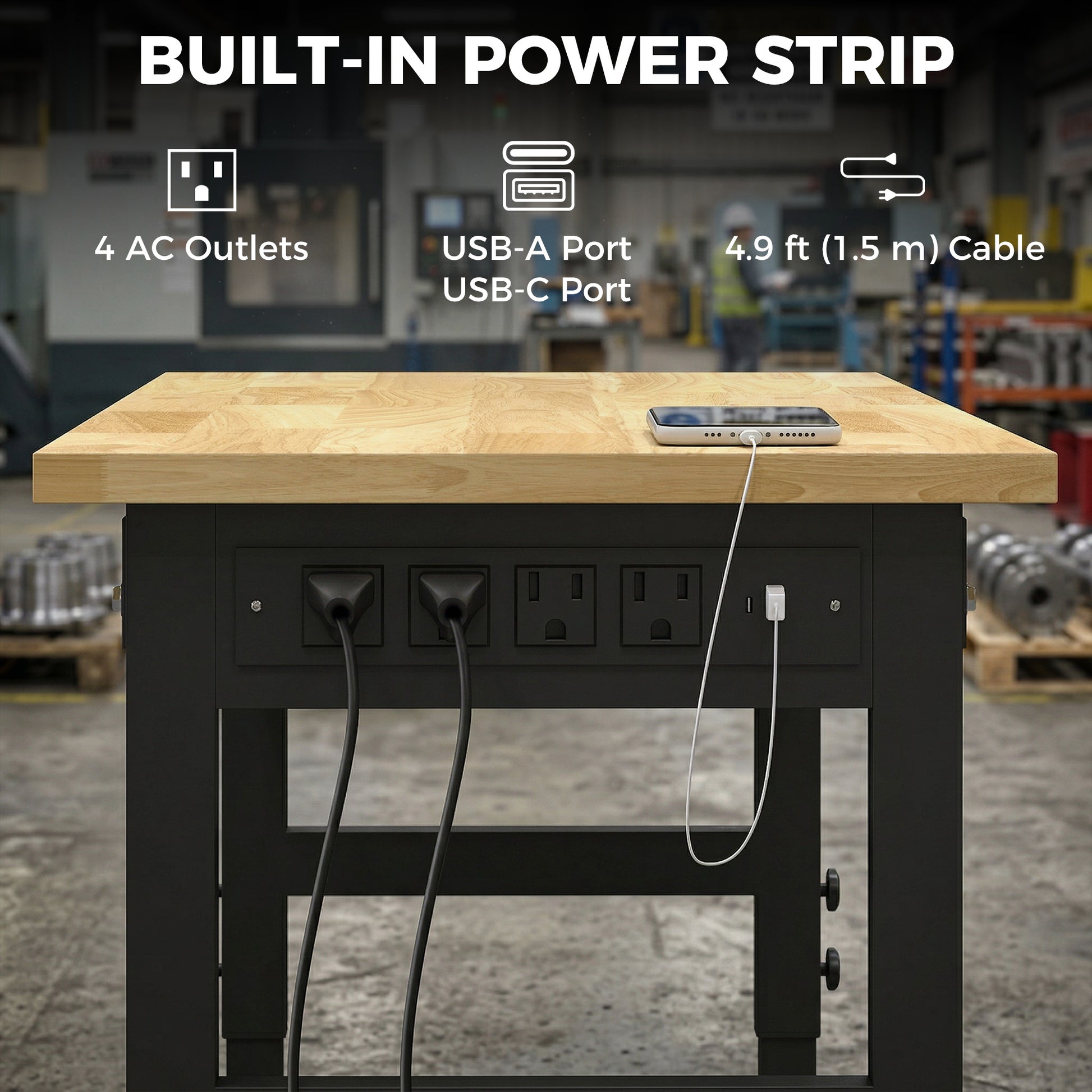 Aosom 60" Heavy Duty Workbench - 2000 lbs Capacity Rubberwood Top-Home Improvement > Tools > Tool Organizers-DECOROLALA